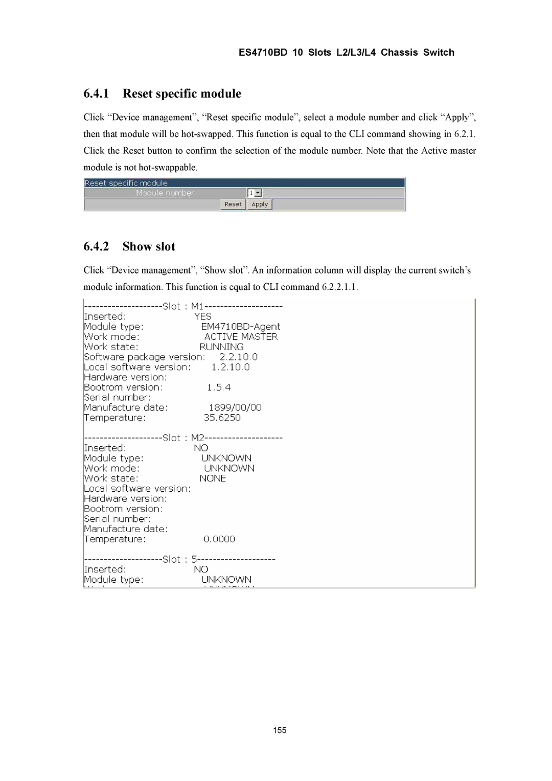 Accton Technology ES4710BD manual Reset specific module, Show slot 