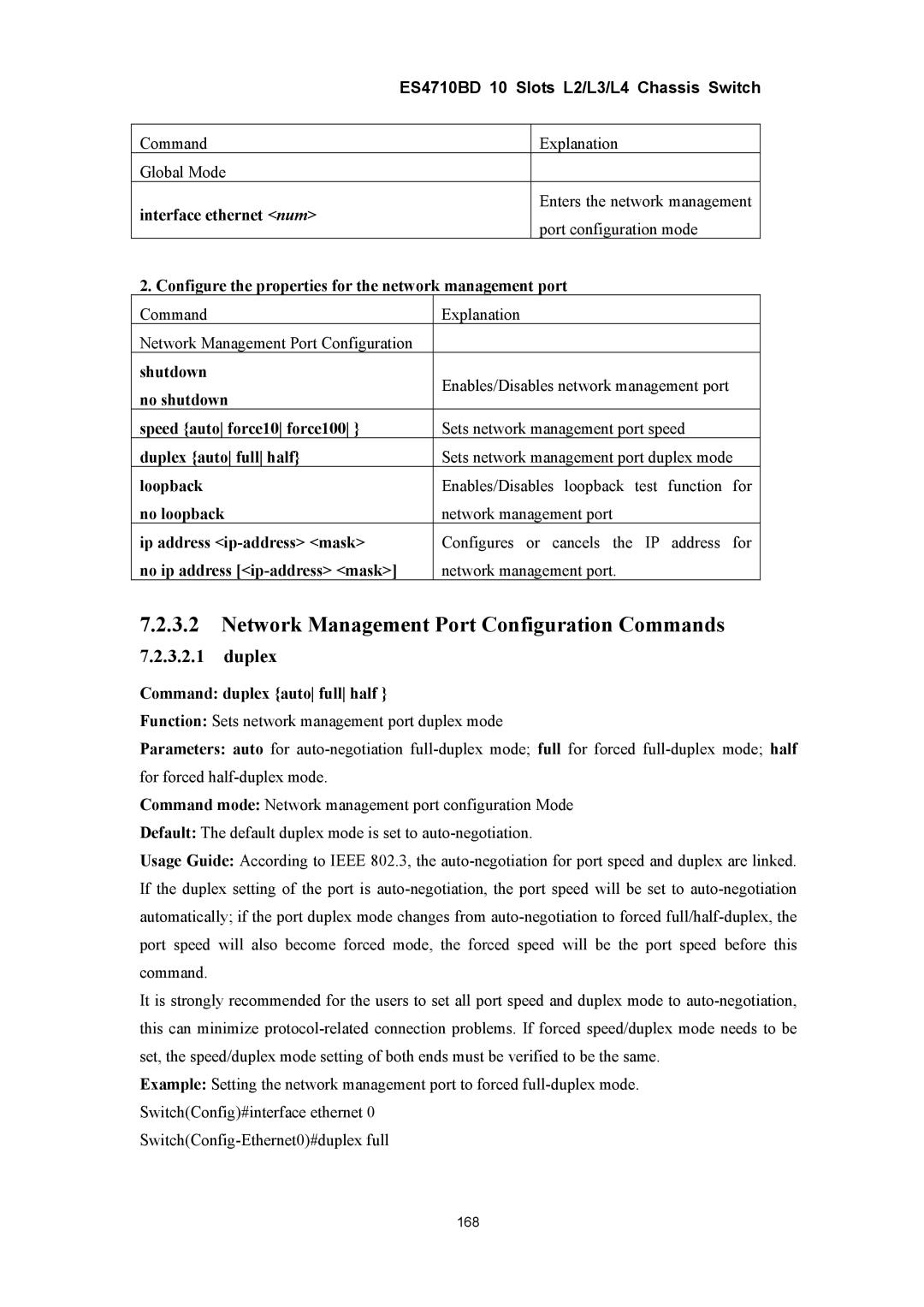 Accton Technology ES4710BD manual Network Management Port Configuration Commands, Duplex 