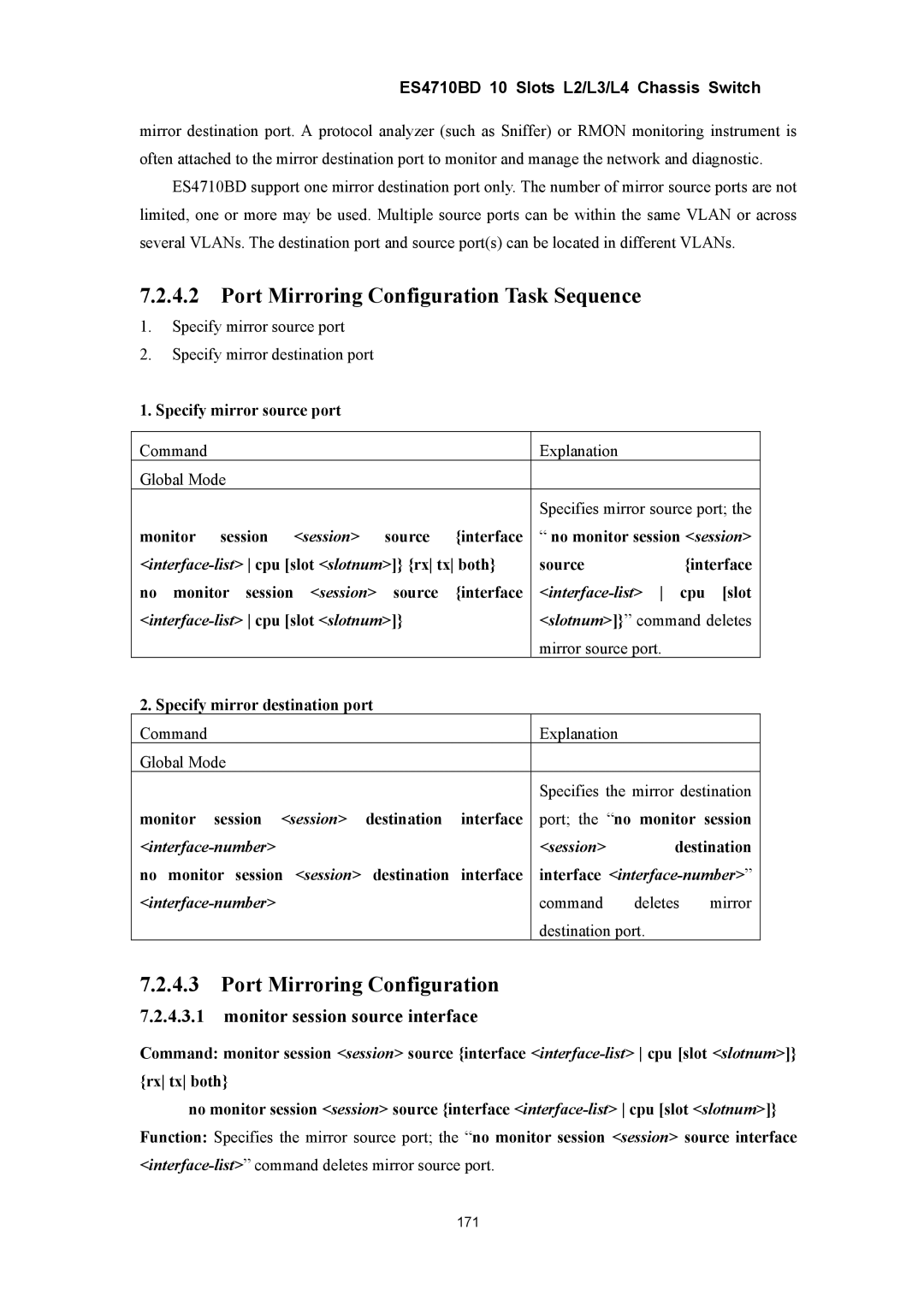 Accton Technology ES4710BD manual Port Mirroring Configuration Task Sequence, Monitor session source interface 