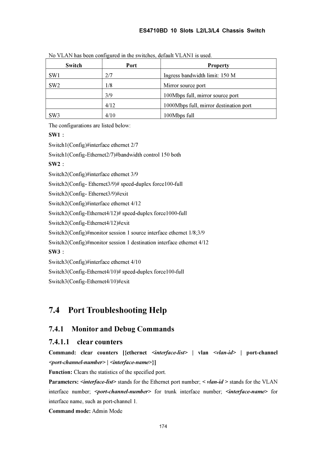 Accton Technology ES4710BD manual Port Troubleshooting Help, Monitor and Debug Commands Clear counters 