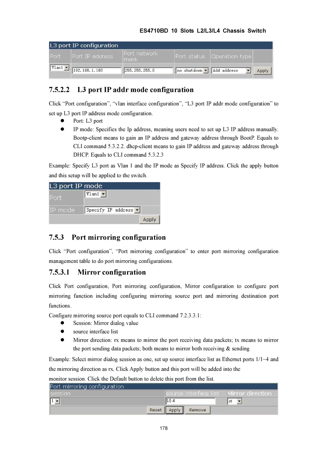 Accton Technology ES4710BD manual 2.2 L3 port IP addr mode configuration, Mirror configuration 