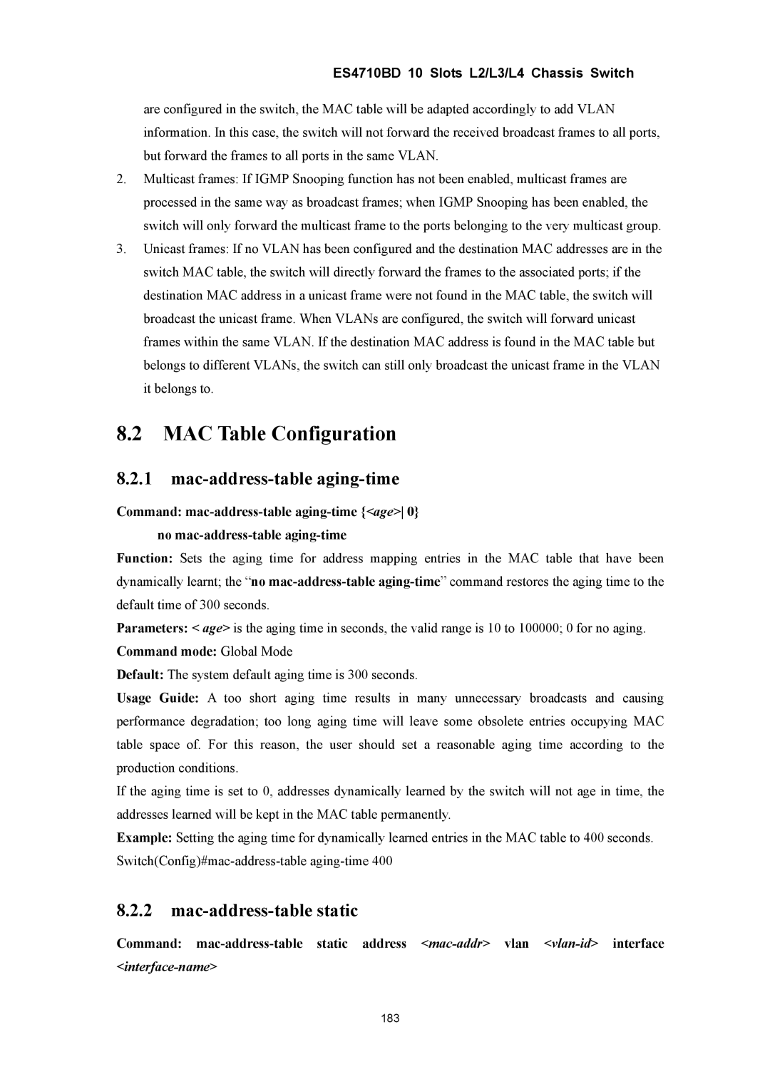 Accton Technology ES4710BD MAC Table Configuration, Mac-address-table aging-time, Mac-address-table static, Interface-name 