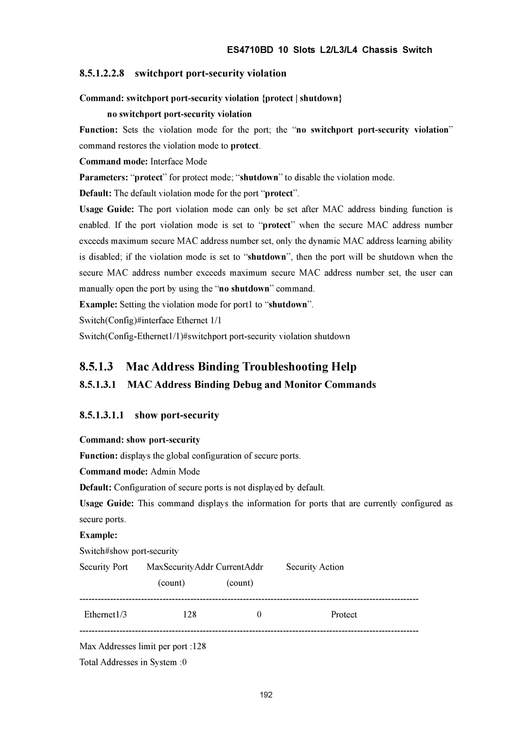 Accton Technology ES4710BD manual Mac Address Binding Troubleshooting Help, Switchport port-security violation 