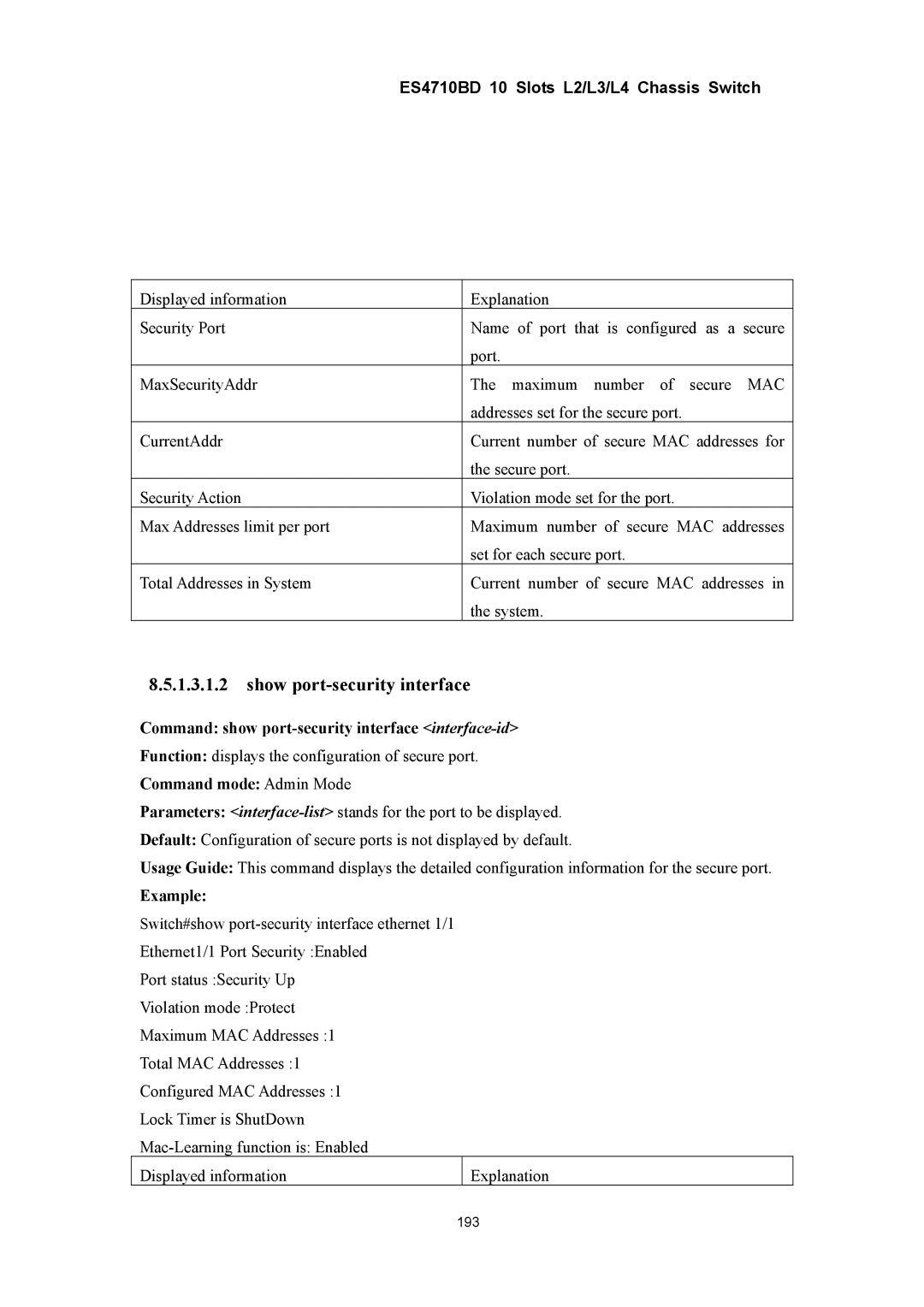 Accton Technology ES4710BD manual Show port-security interface, Command show port-security interface interface-id 