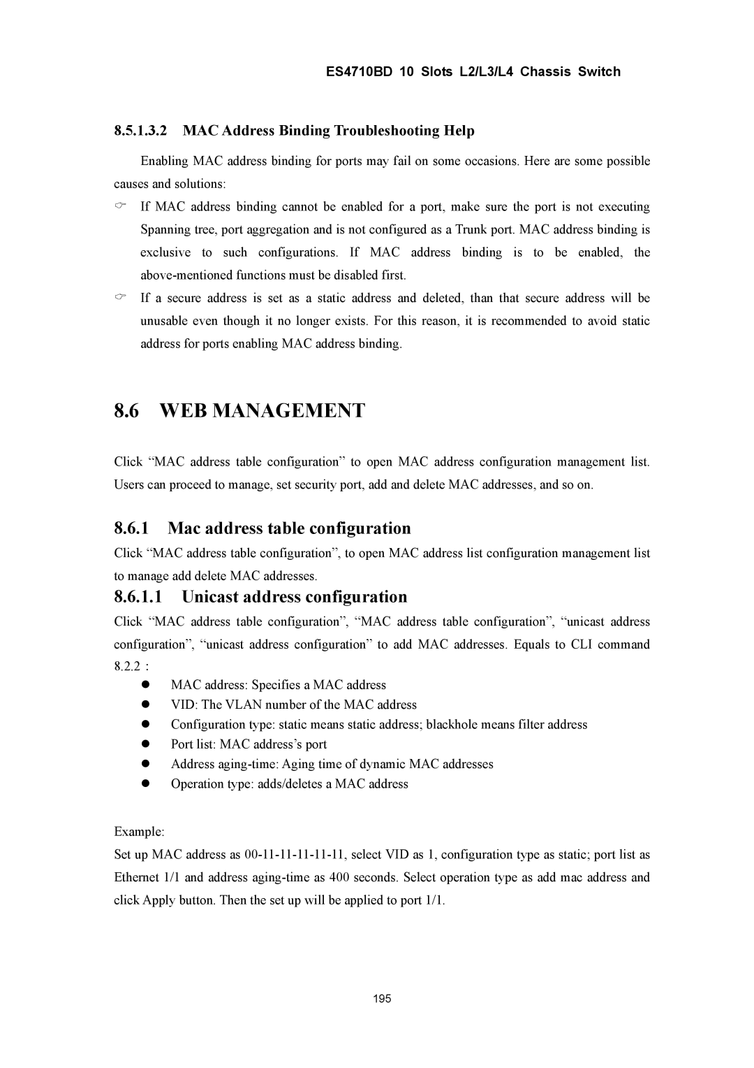 Accton Technology ES4710BD manual Mac address table configuration, Unicast address configuration 