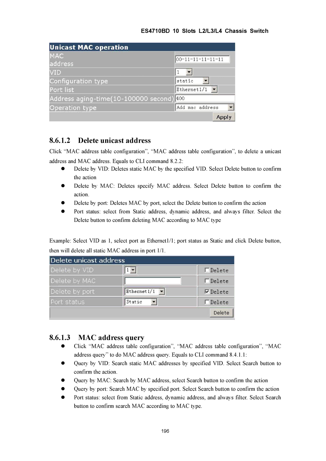 Accton Technology ES4710BD manual Delete unicast address, MAC address query 