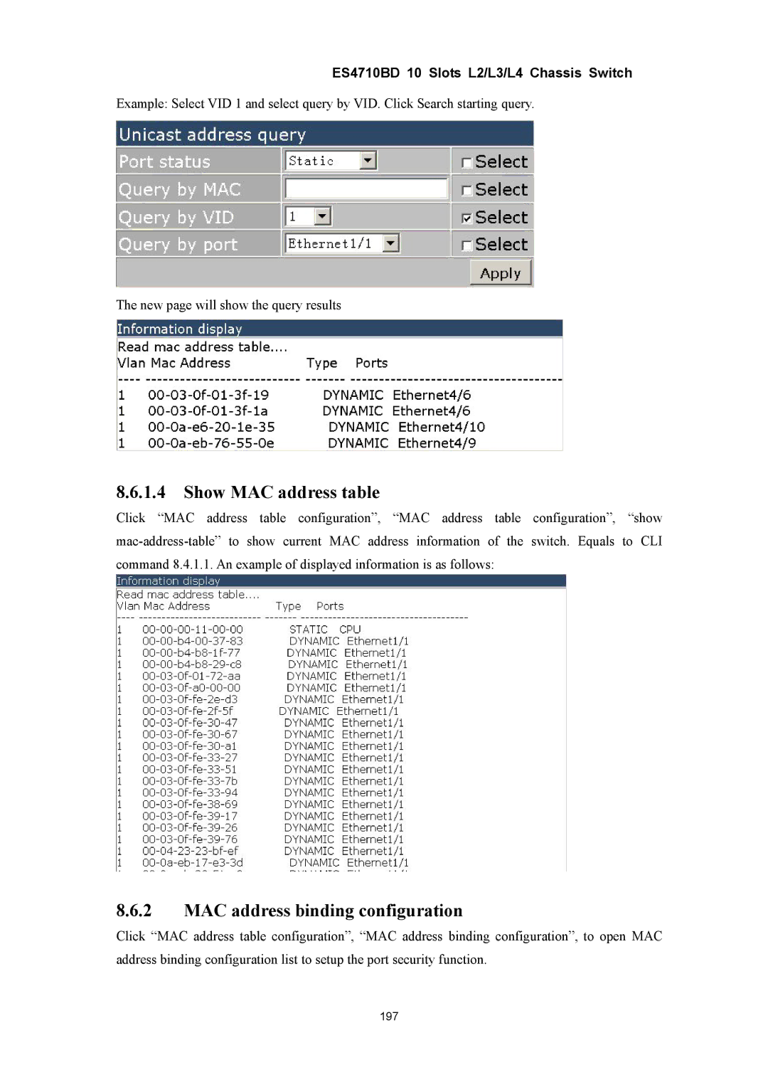 Accton Technology ES4710BD manual Show MAC address table, MAC address binding configuration 