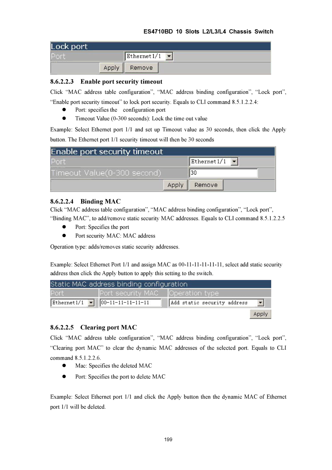 Accton Technology ES4710BD manual Enable port security timeout, Binding MAC, Clearing port MAC 