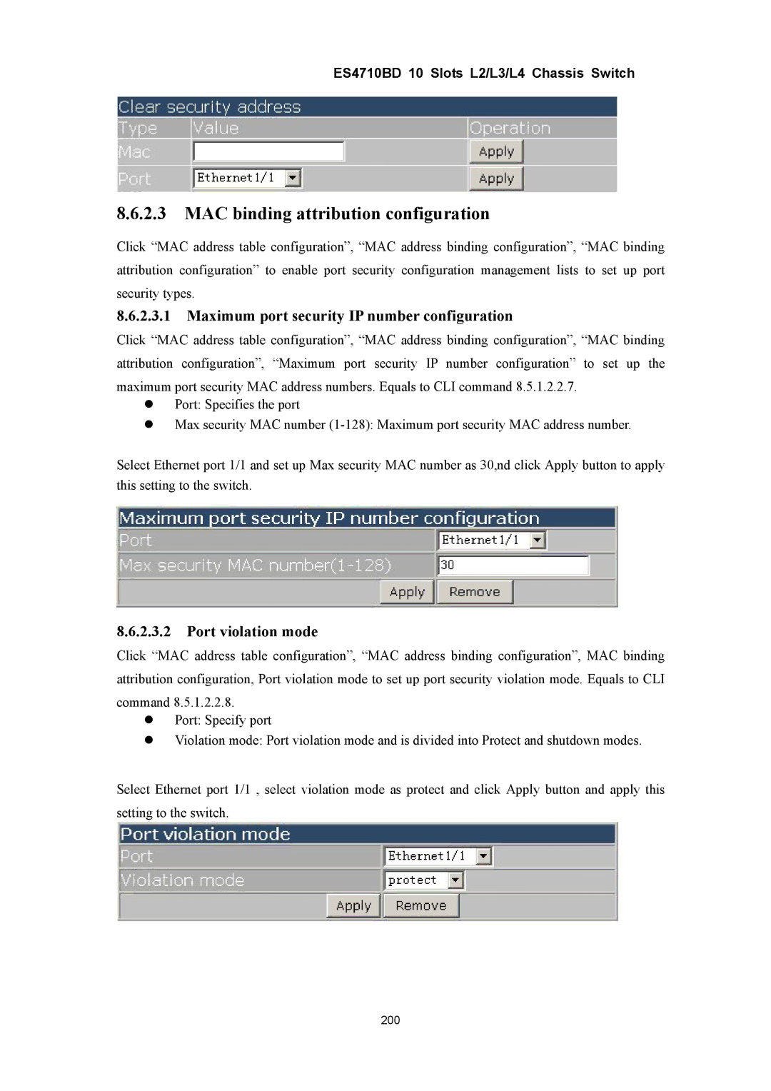 Accton Technology ES4710BD manual MAC binding attribution configuration, Maximum port security IP number configuration 