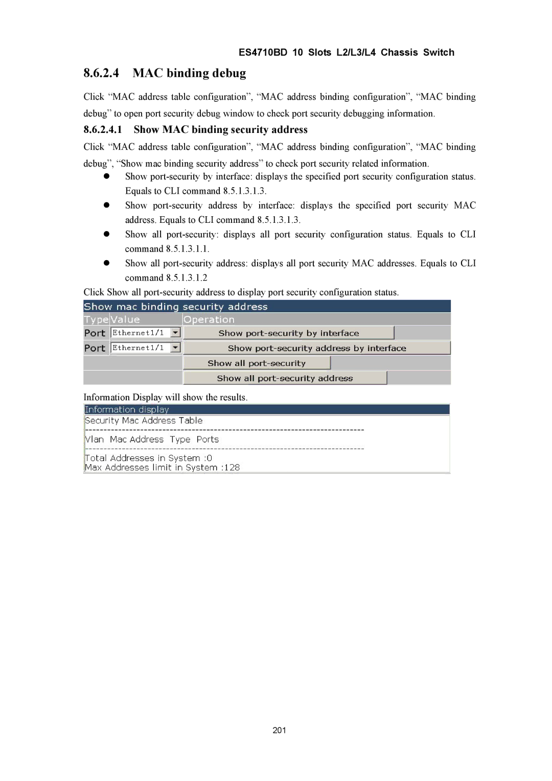 Accton Technology ES4710BD manual MAC binding debug, Show MAC binding security address 