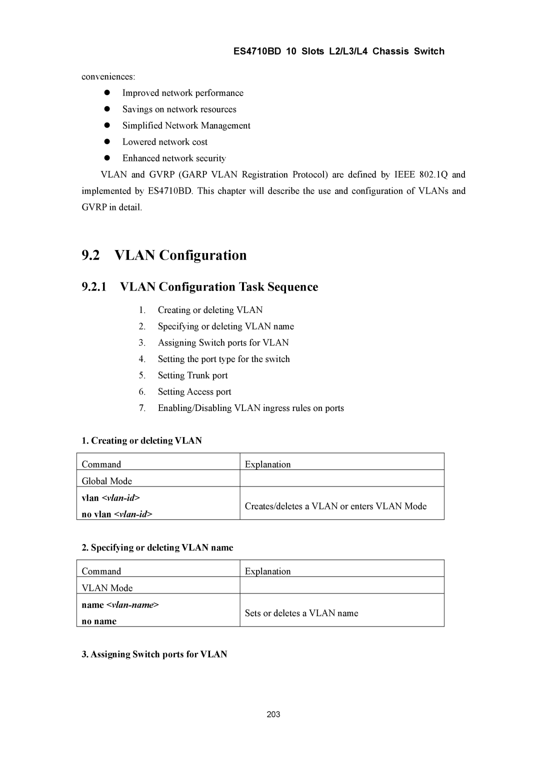 Accton Technology ES4710BD manual Vlan Configuration Task Sequence, Vlan vlan-id, Name vlan-name 