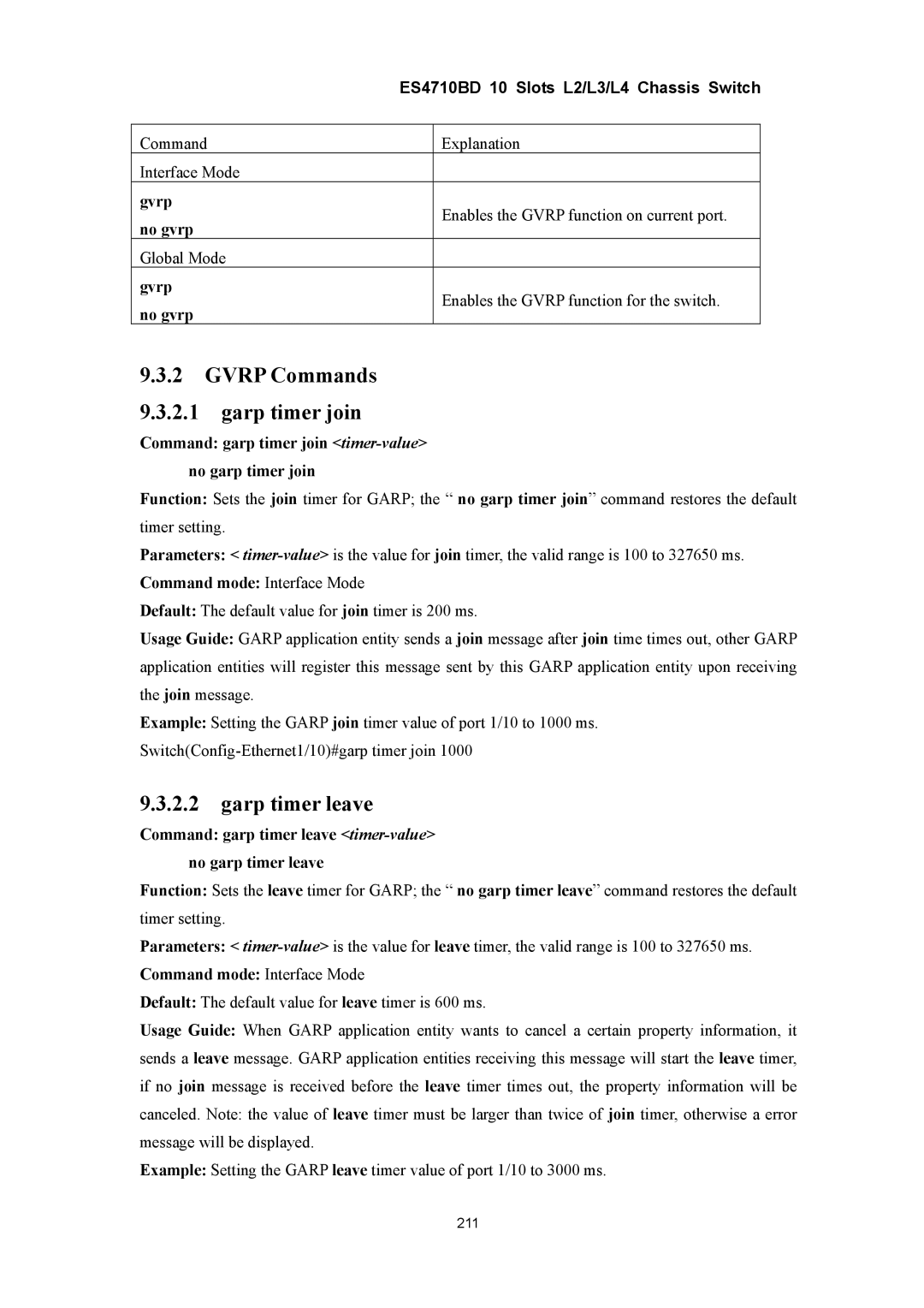 Accton Technology ES4710BD manual Gvrp Commands Garp timer join, Garp timer leave 