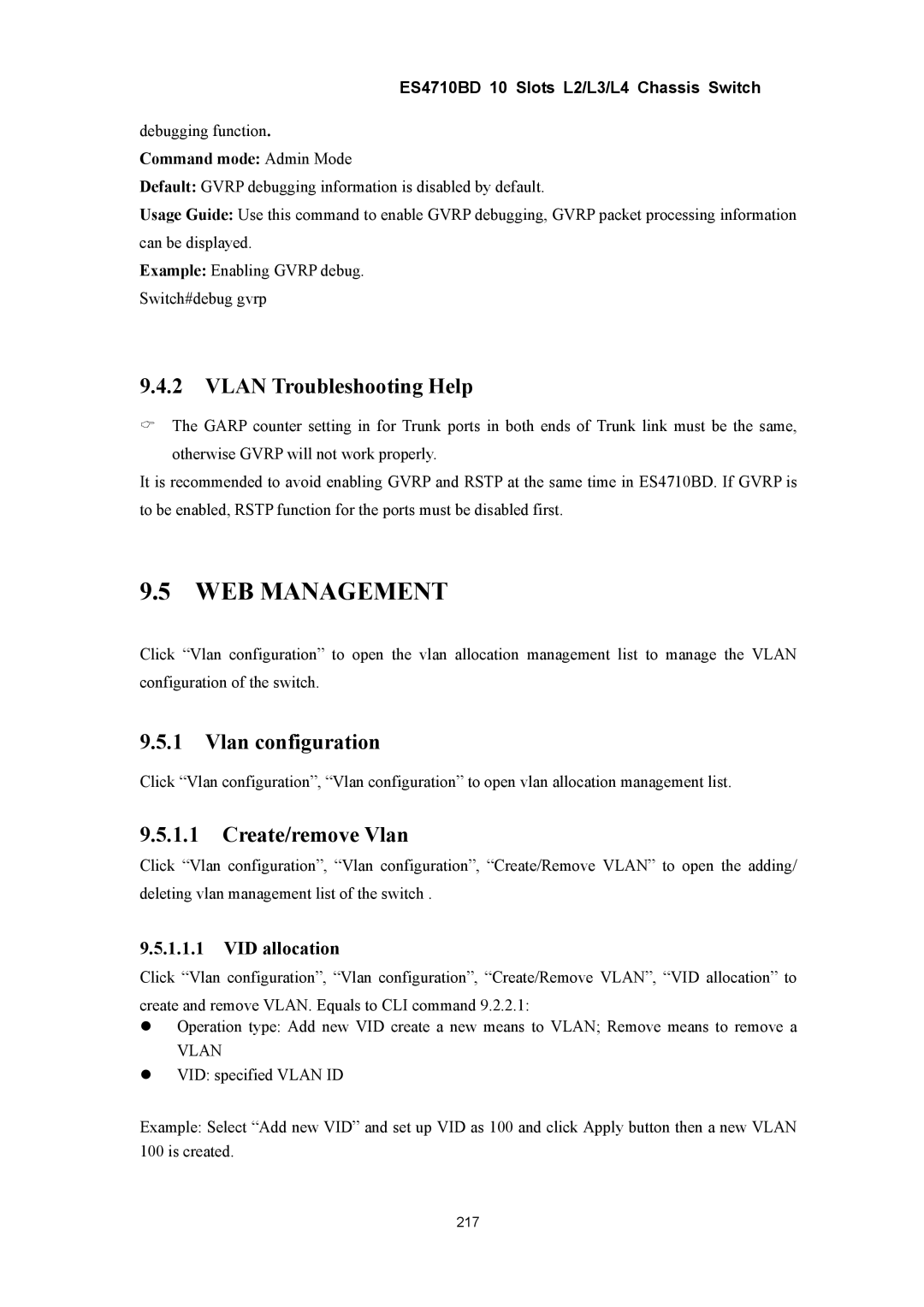 Accton Technology ES4710BD manual Vlan Troubleshooting Help, Create/remove Vlan, VID allocation 