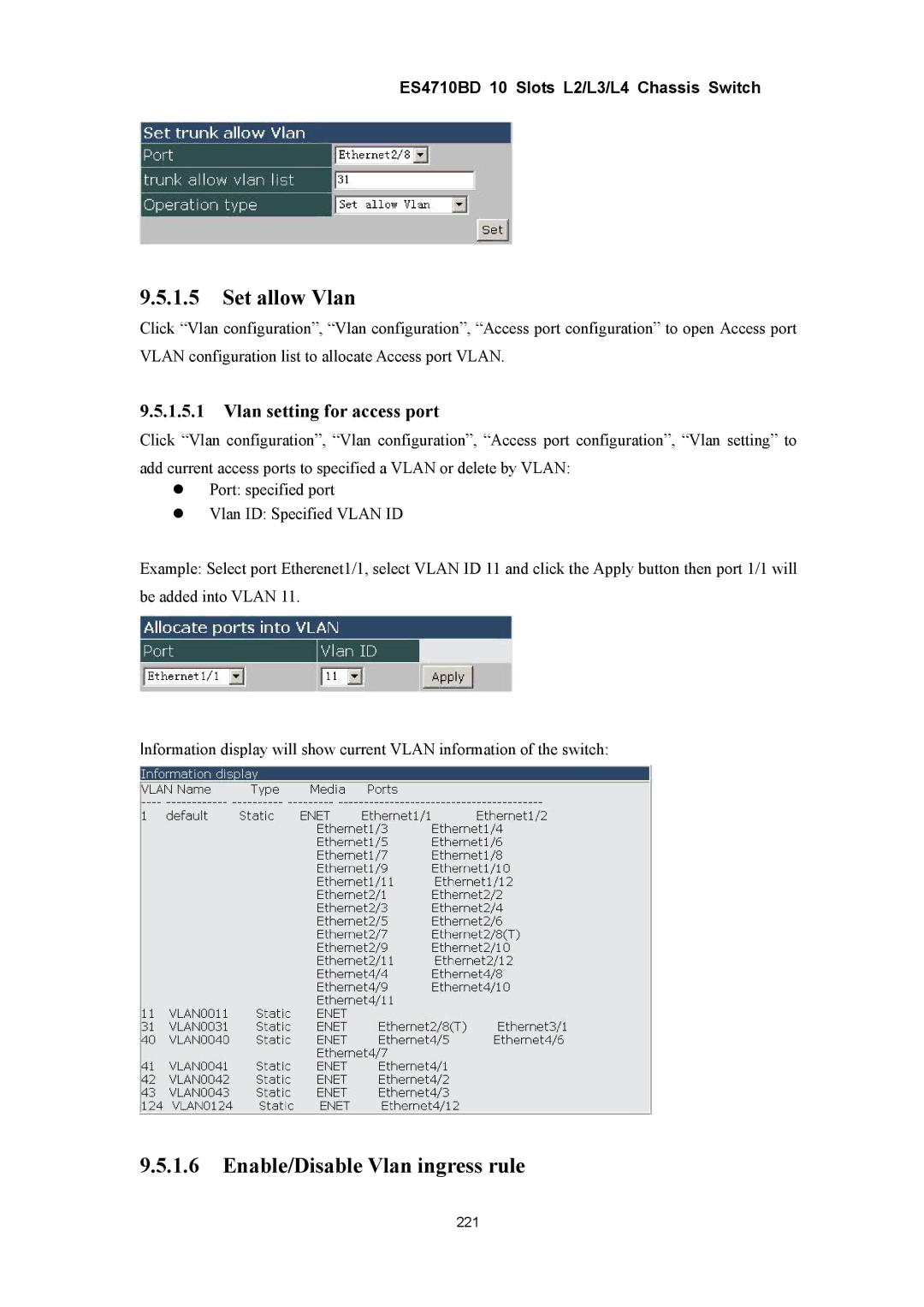 Accton Technology ES4710BD manual Set allow Vlan, Enable/Disable Vlan ingress rule, Vlan setting for access port 