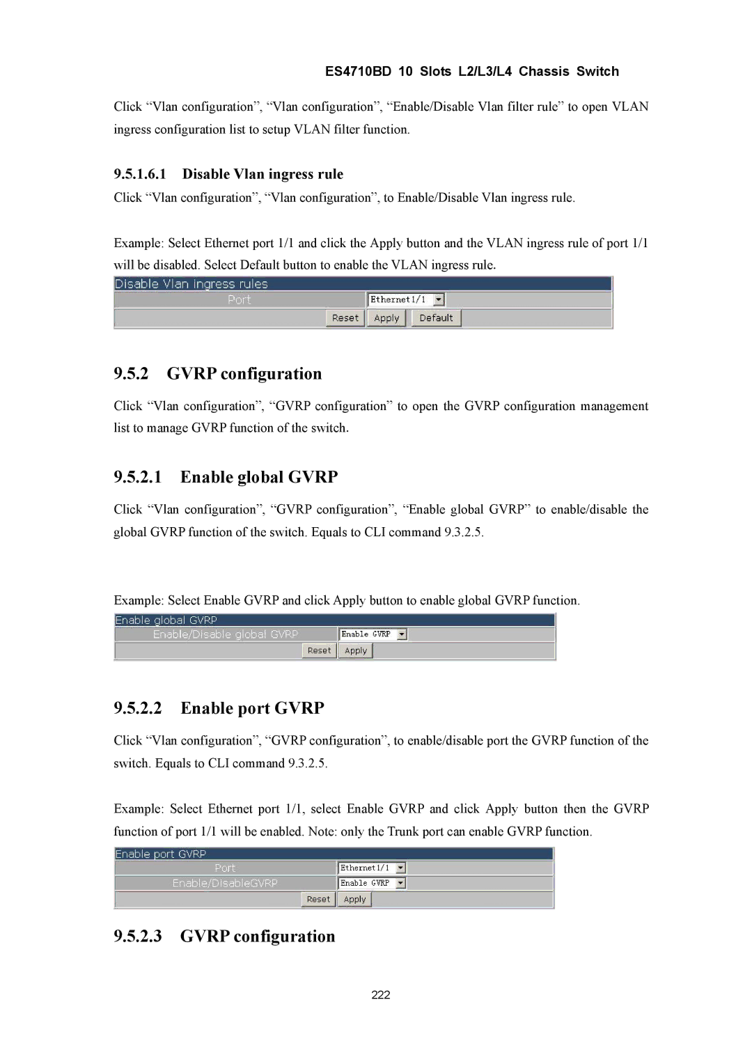 Accton Technology ES4710BD manual Gvrp configuration, Enable global Gvrp, Enable port Gvrp, Disable Vlan ingress rule 