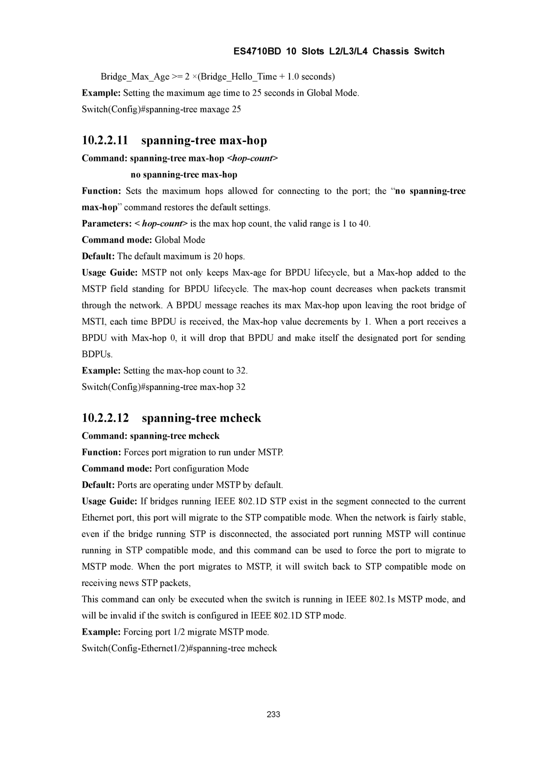 Accton Technology ES4710BD manual Spanning-tree max-hop, Spanning-tree mcheck, Command spanning-tree mcheck 