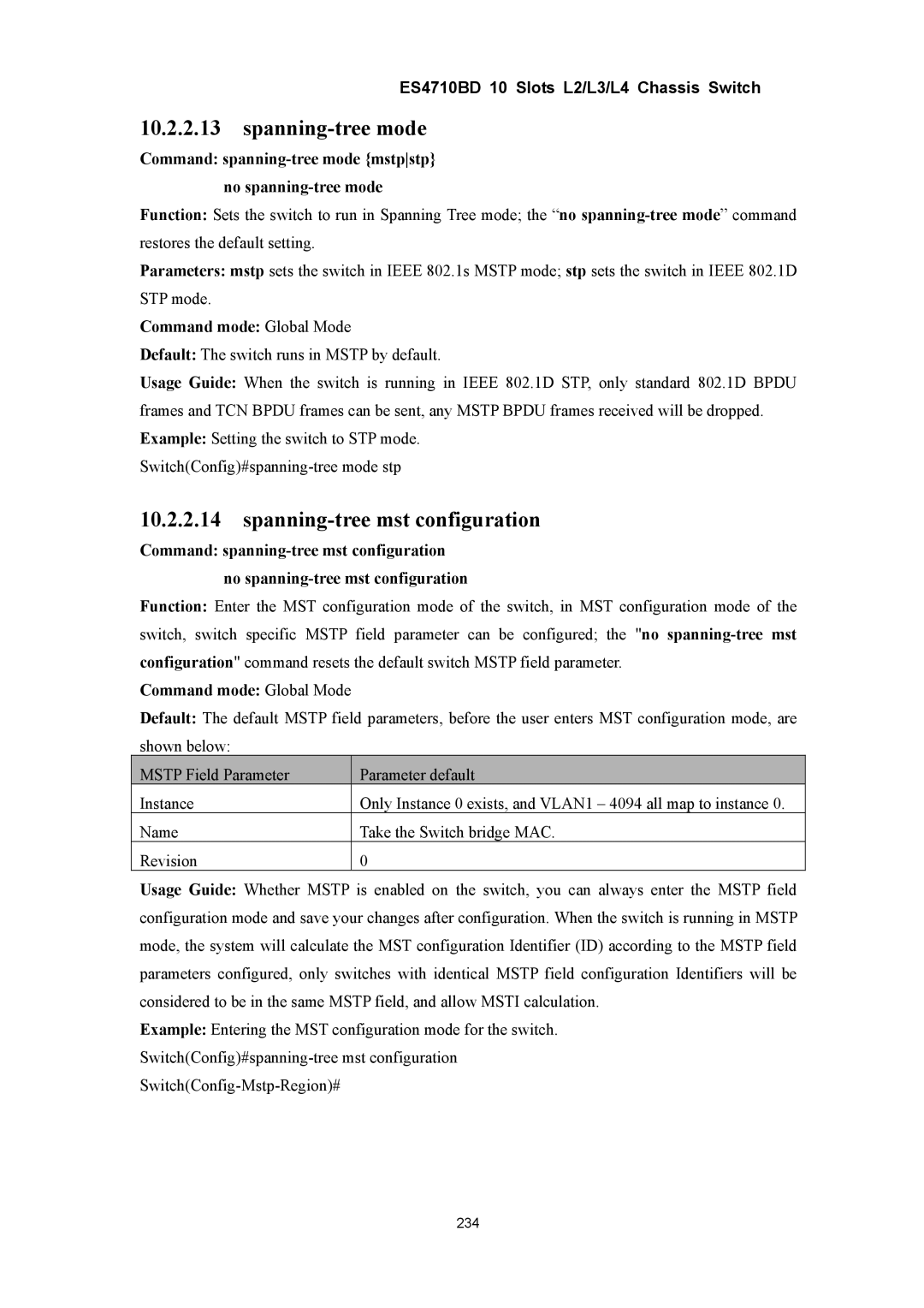 Accton Technology ES4710BD manual Spanning-tree mode, Spanning-tree mst configuration 