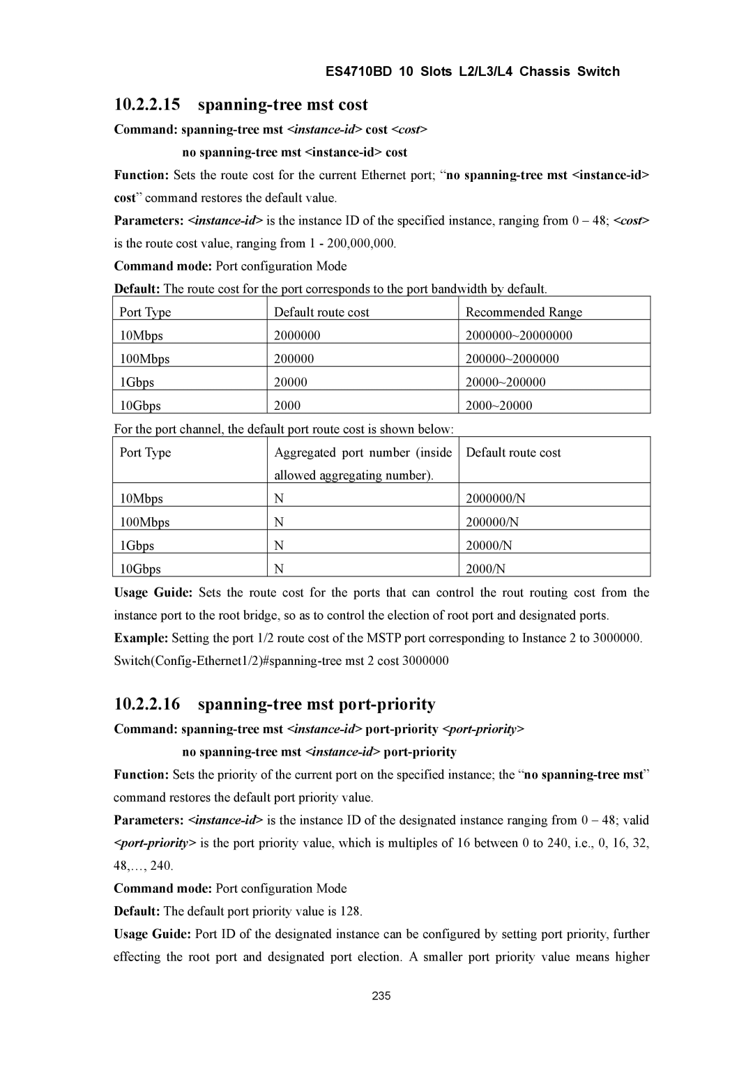 Accton Technology ES4710BD manual Spanning-tree mst cost, Spanning-tree mst port-priority 