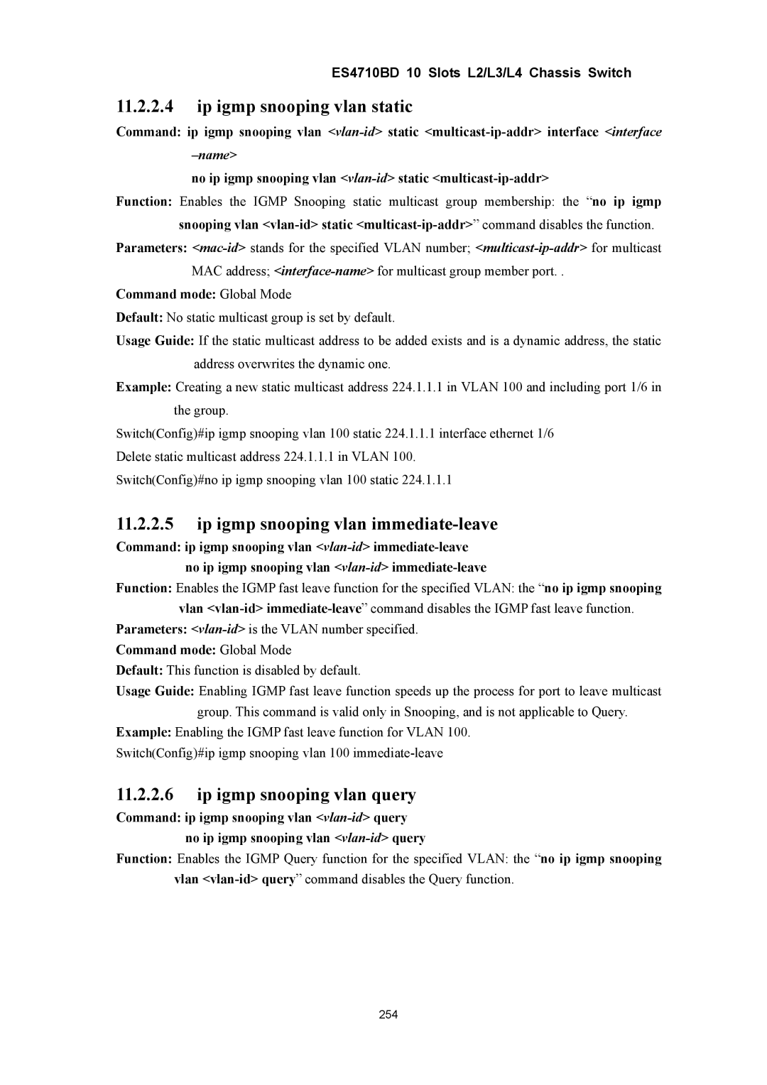 Accton Technology ES4710BD manual Ip igmp snooping vlan static, Ip igmp snooping vlan immediate-leave 