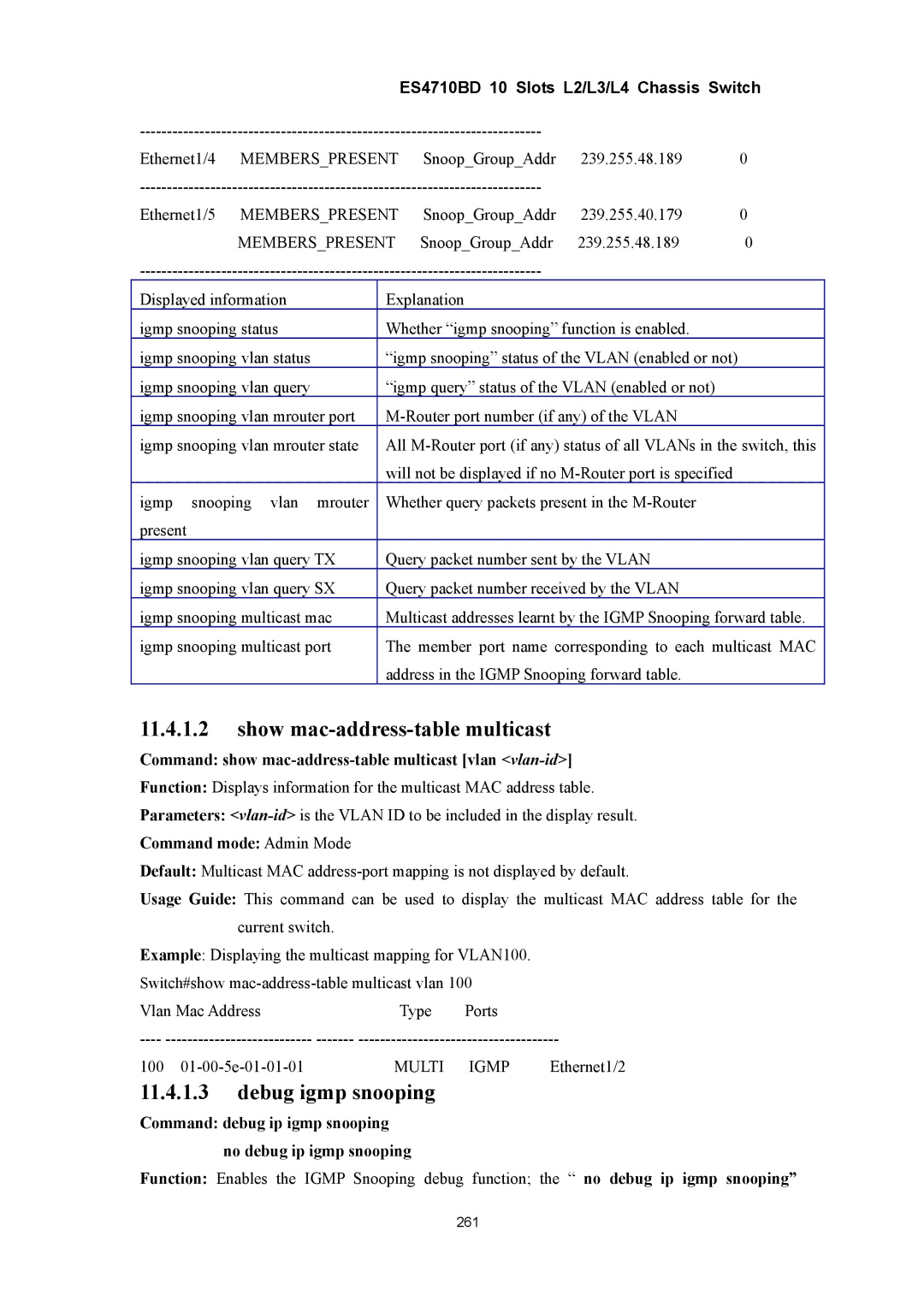 Accton Technology ES4710BD manual Show mac-address-table multicast, Debug igmp snooping 