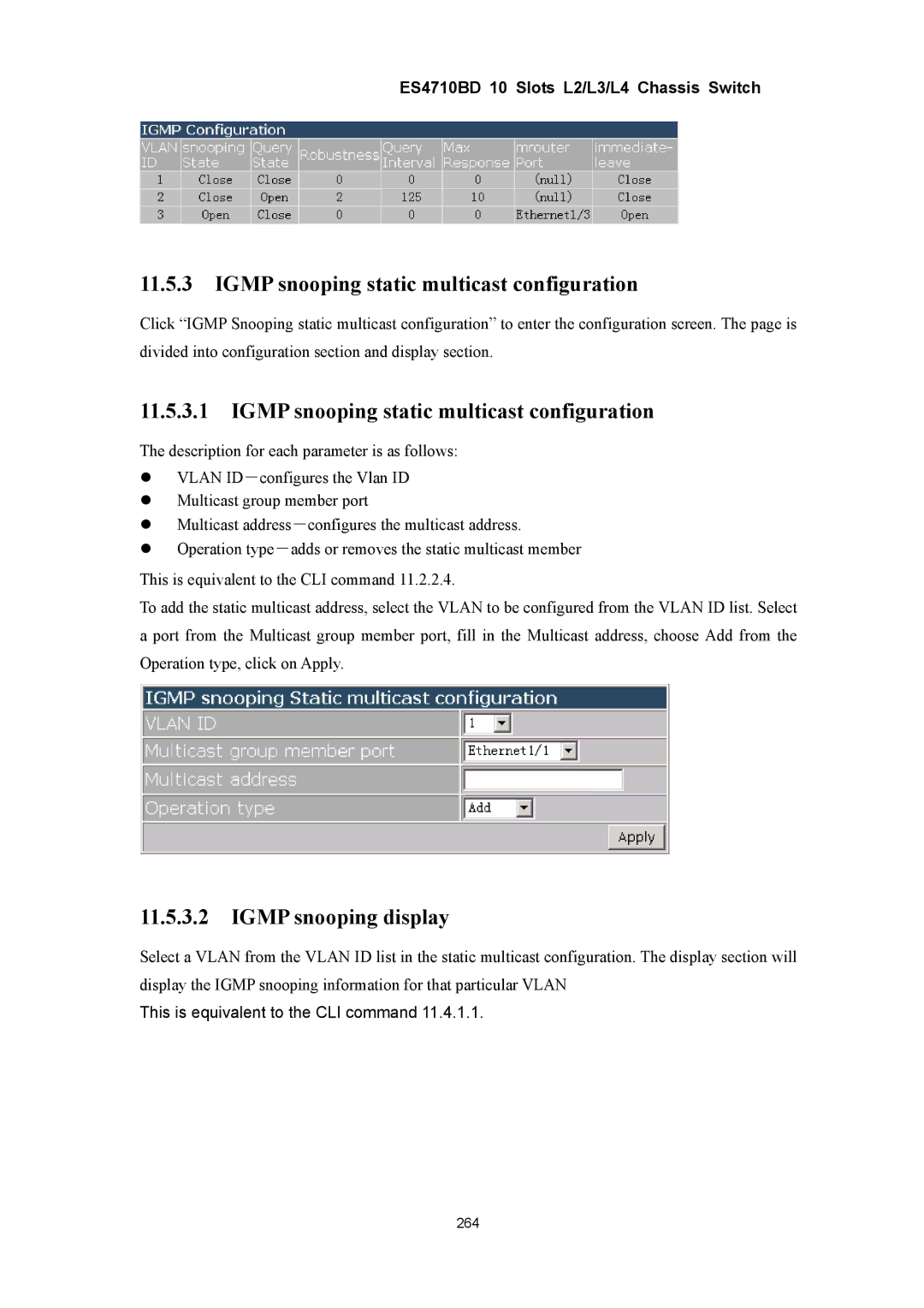 Accton Technology ES4710BD manual Igmp snooping static multicast configuration, Igmp snooping display 