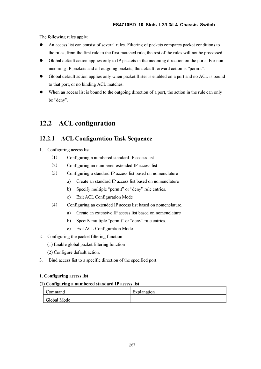 Accton Technology ES4710BD manual ACL configuration, ACL Configuration Task Sequence 