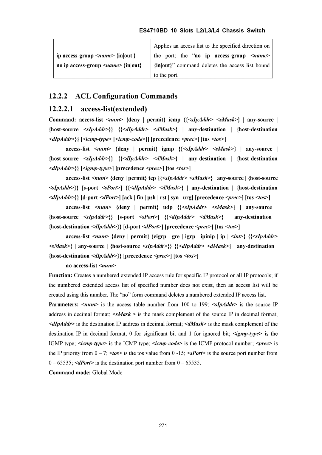 Accton Technology ES4710BD manual ACL Configuration Commands Access-listextended, Port the no ip access-group name 