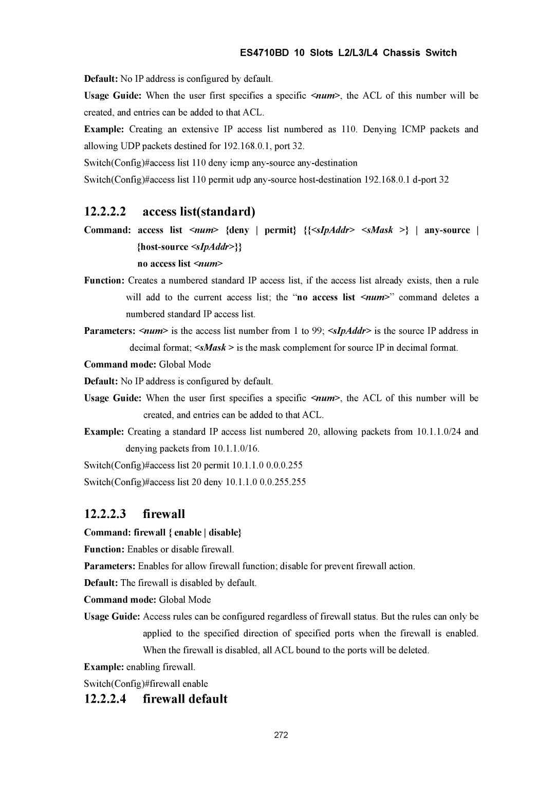 Accton Technology ES4710BD manual Access liststandard, Firewall default, Command firewall enable disable 