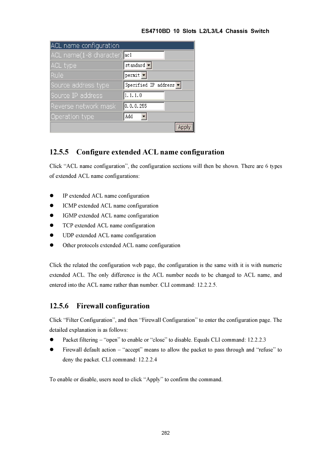 Accton Technology ES4710BD manual Configure extended ACL name configuration, Firewall configuration 