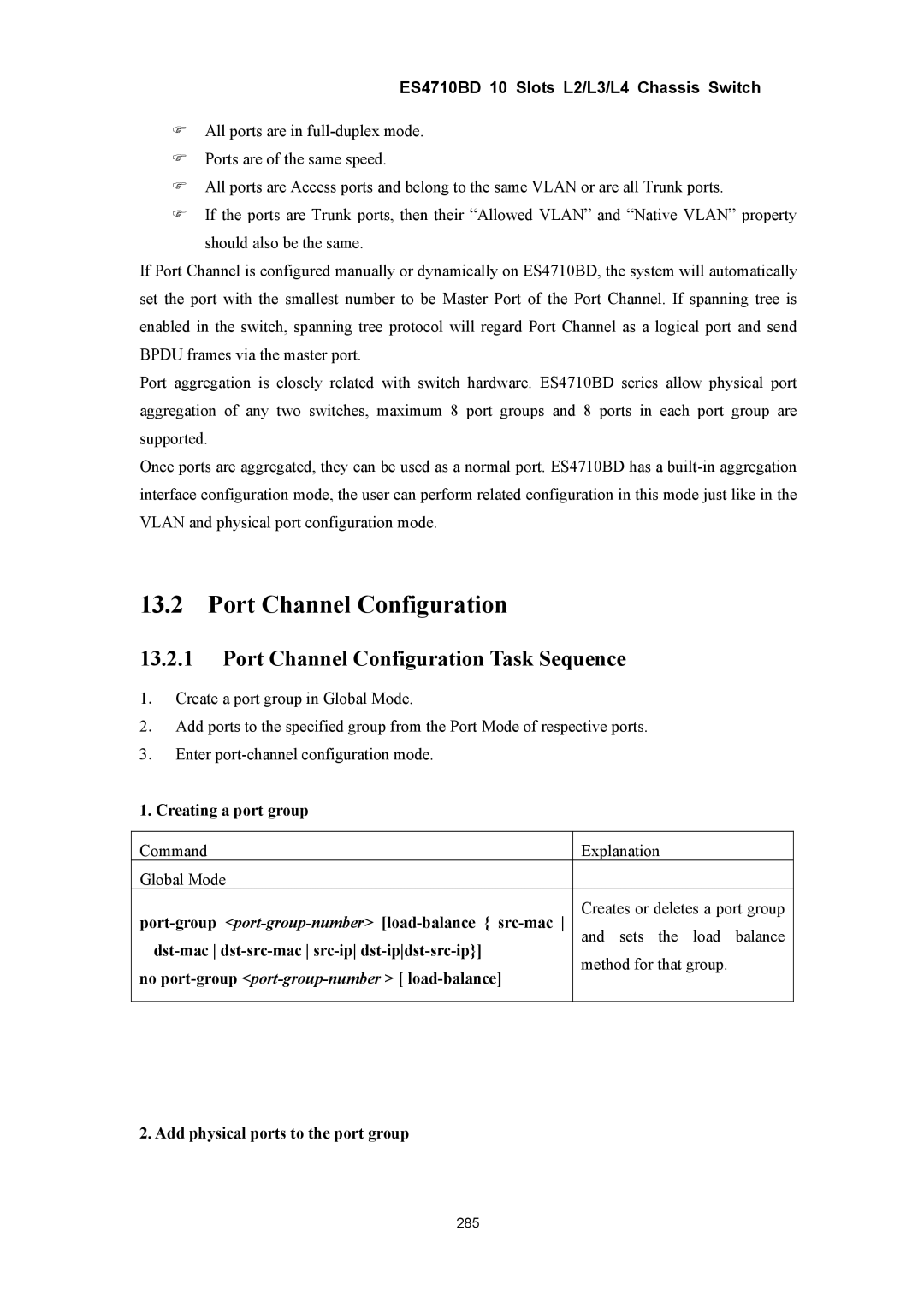 Accton Technology ES4710BD manual Port Channel Configuration Task Sequence 