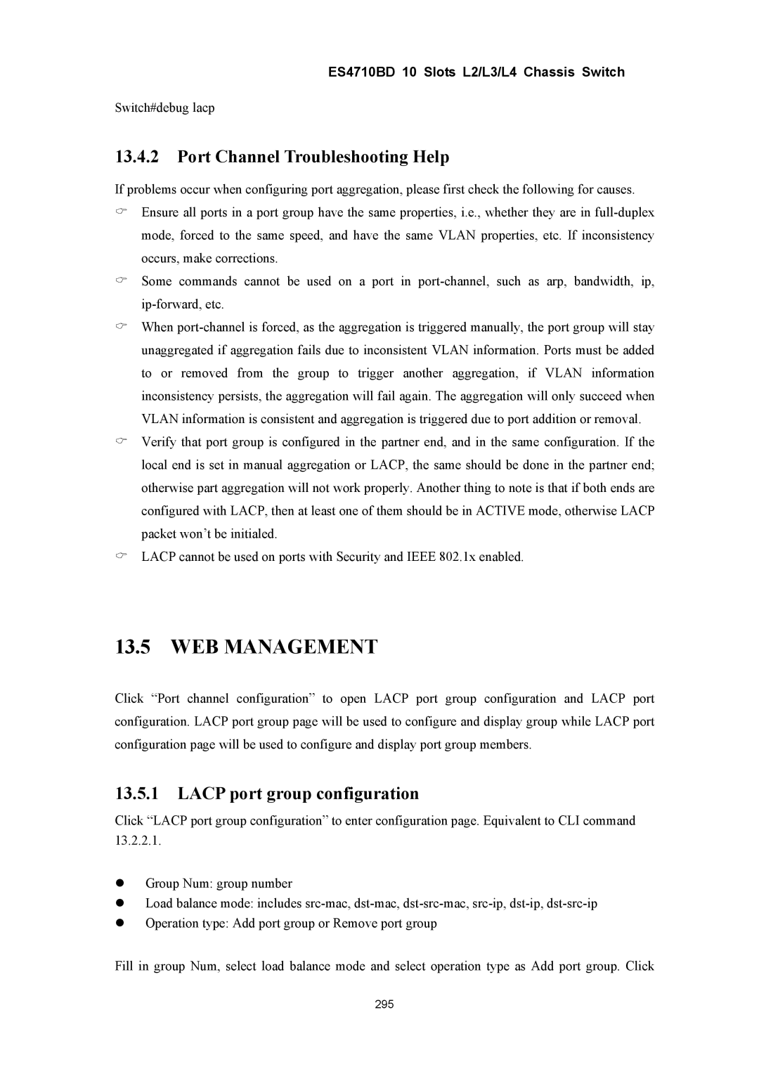 Accton Technology ES4710BD manual Port Channel Troubleshooting Help, Lacp port group configuration 