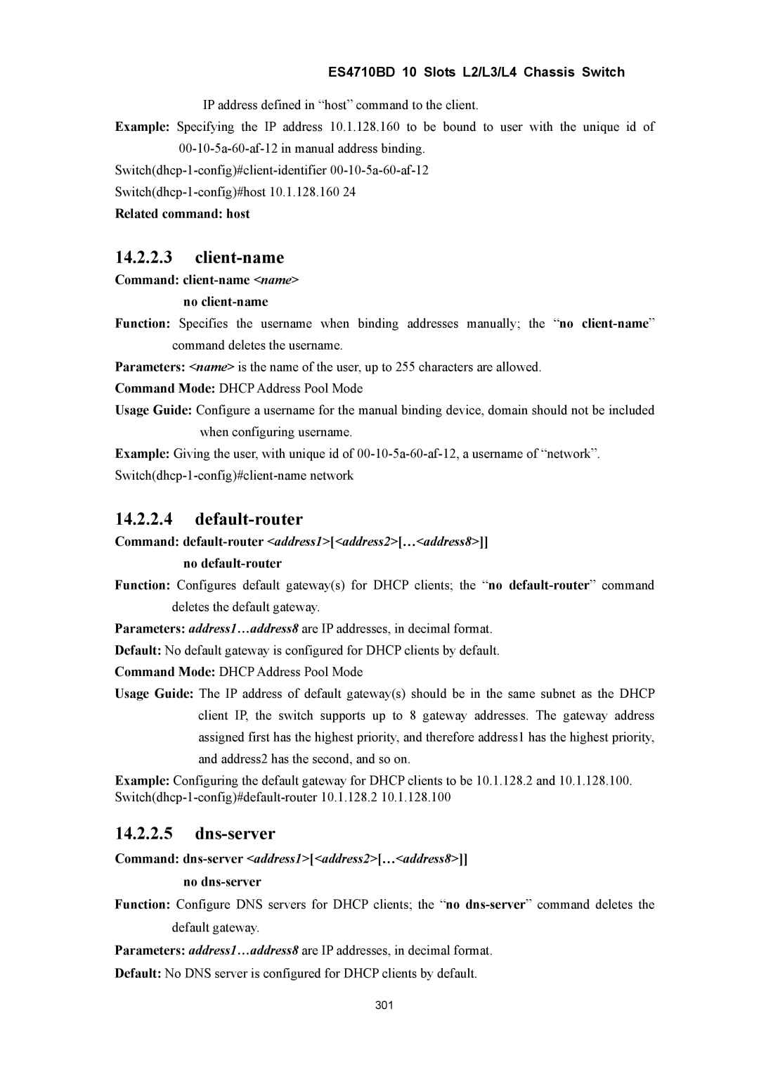 Accton Technology ES4710BD manual Client-name, Default-router, Dns-server, Command default-routeraddress1address2…address8 