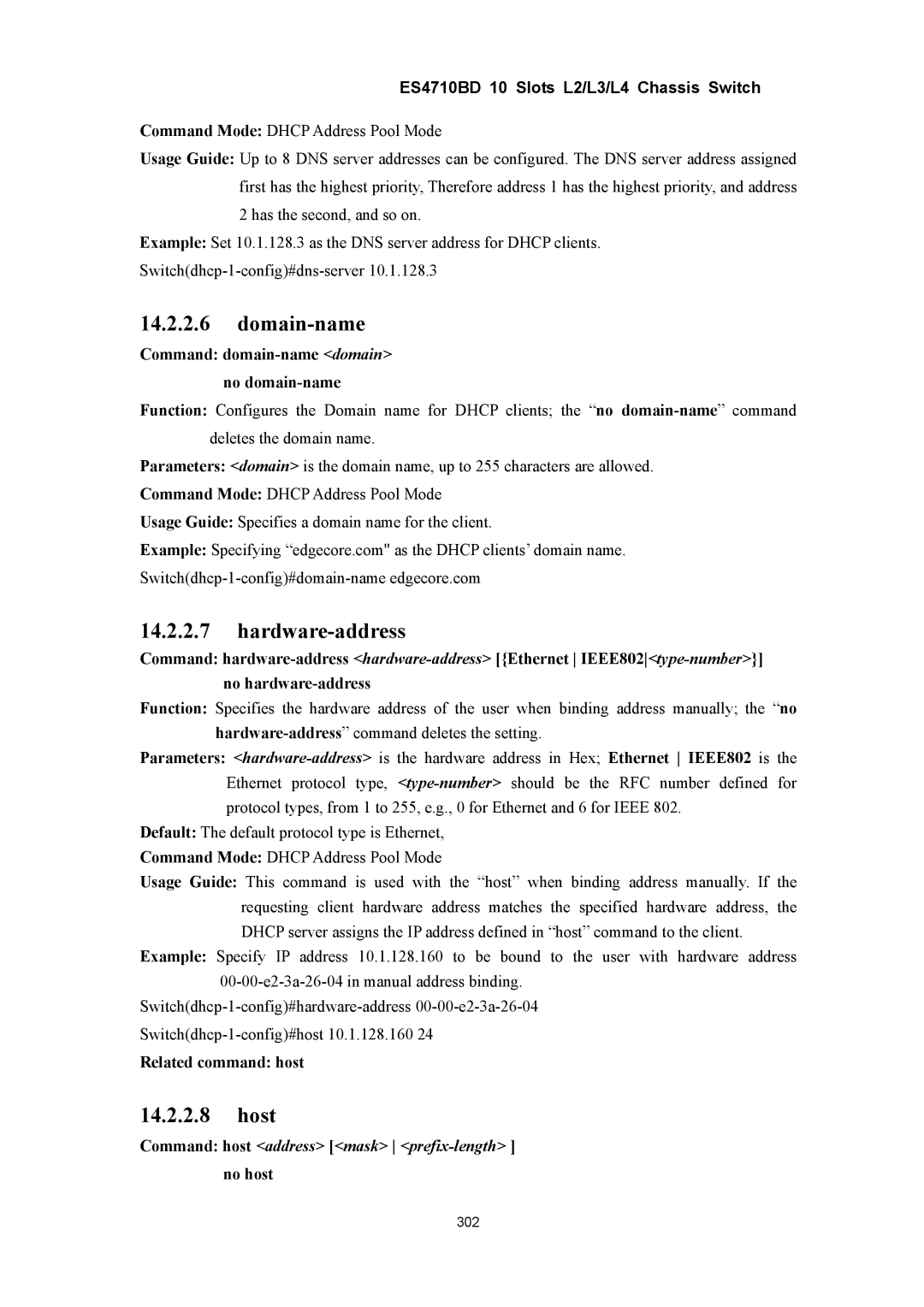 Accton Technology ES4710BD manual Domain-name, Hardware-address, Host, Command host address mask prefix-length 