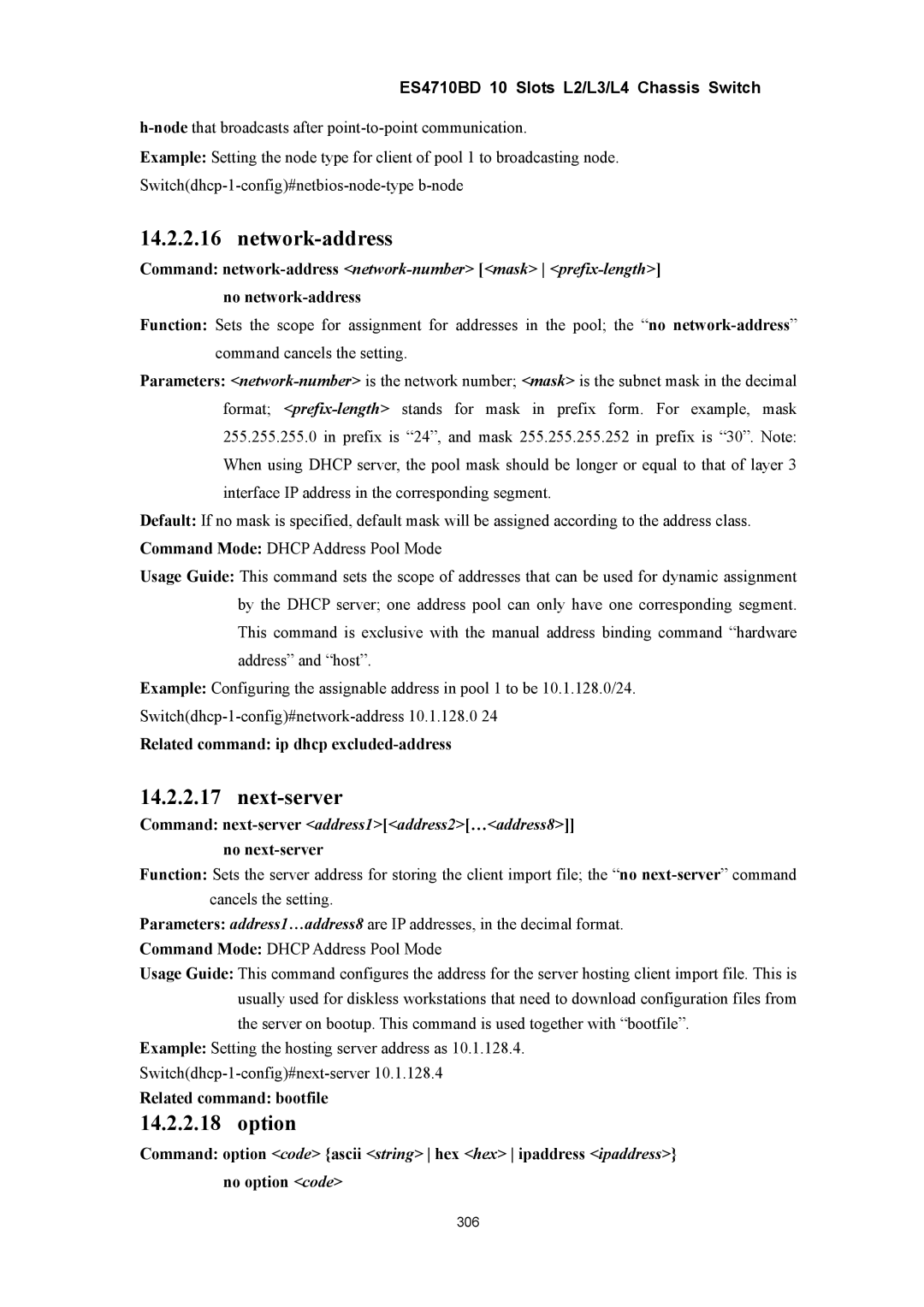 Accton Technology ES4710BD Network-address, Next-server, Option, Command network-addressnetwork-number mask prefix-length 