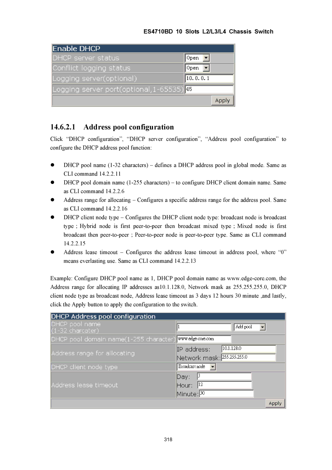 Accton Technology ES4710BD manual Address pool configuration 