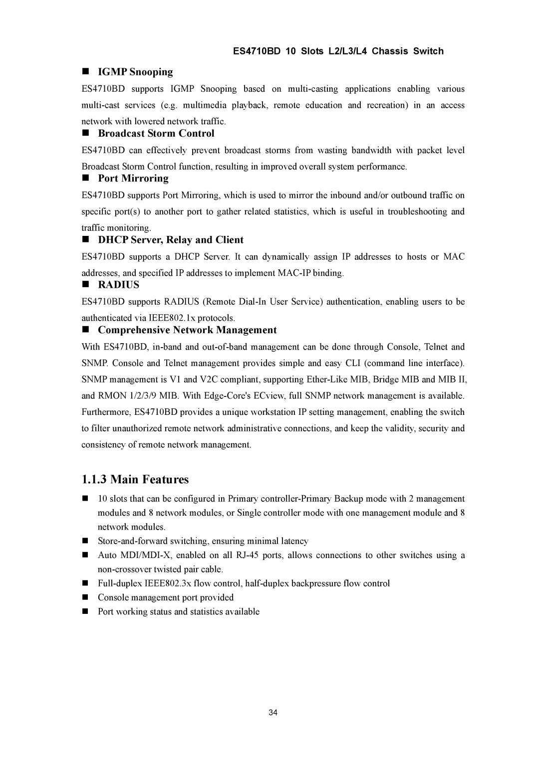 Accton Technology ES4710BD manual Main Features 