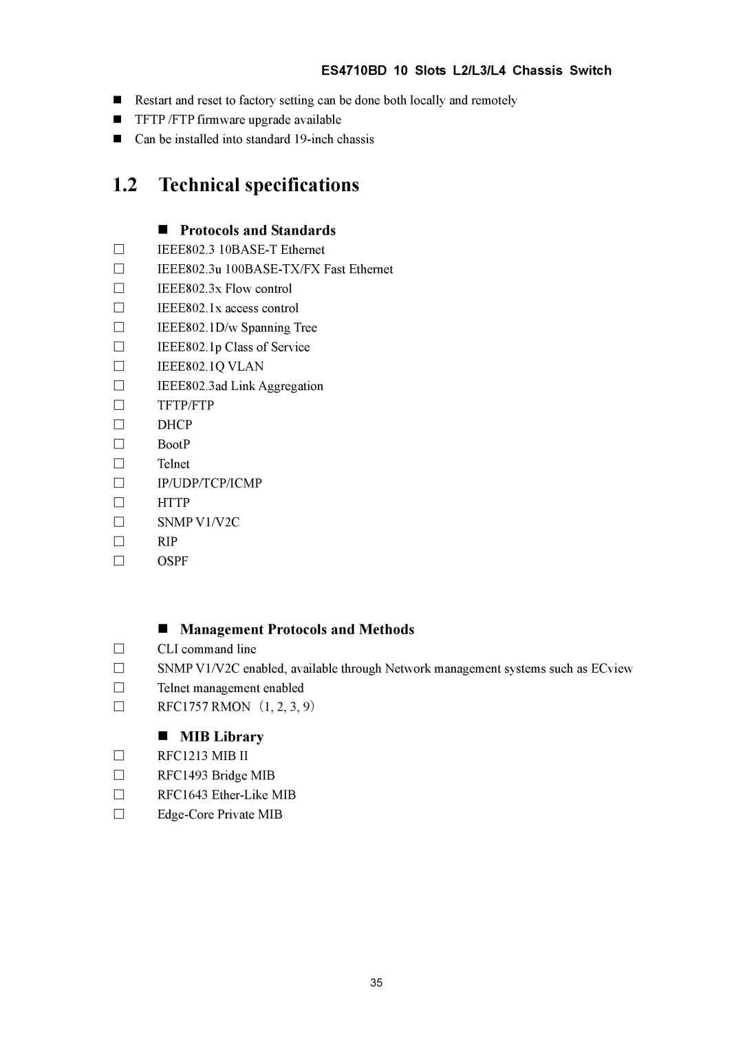 Accton Technology ES4710BD manual Technical specifications, „ Protocols and Standards, „ Management Protocols and Methods 