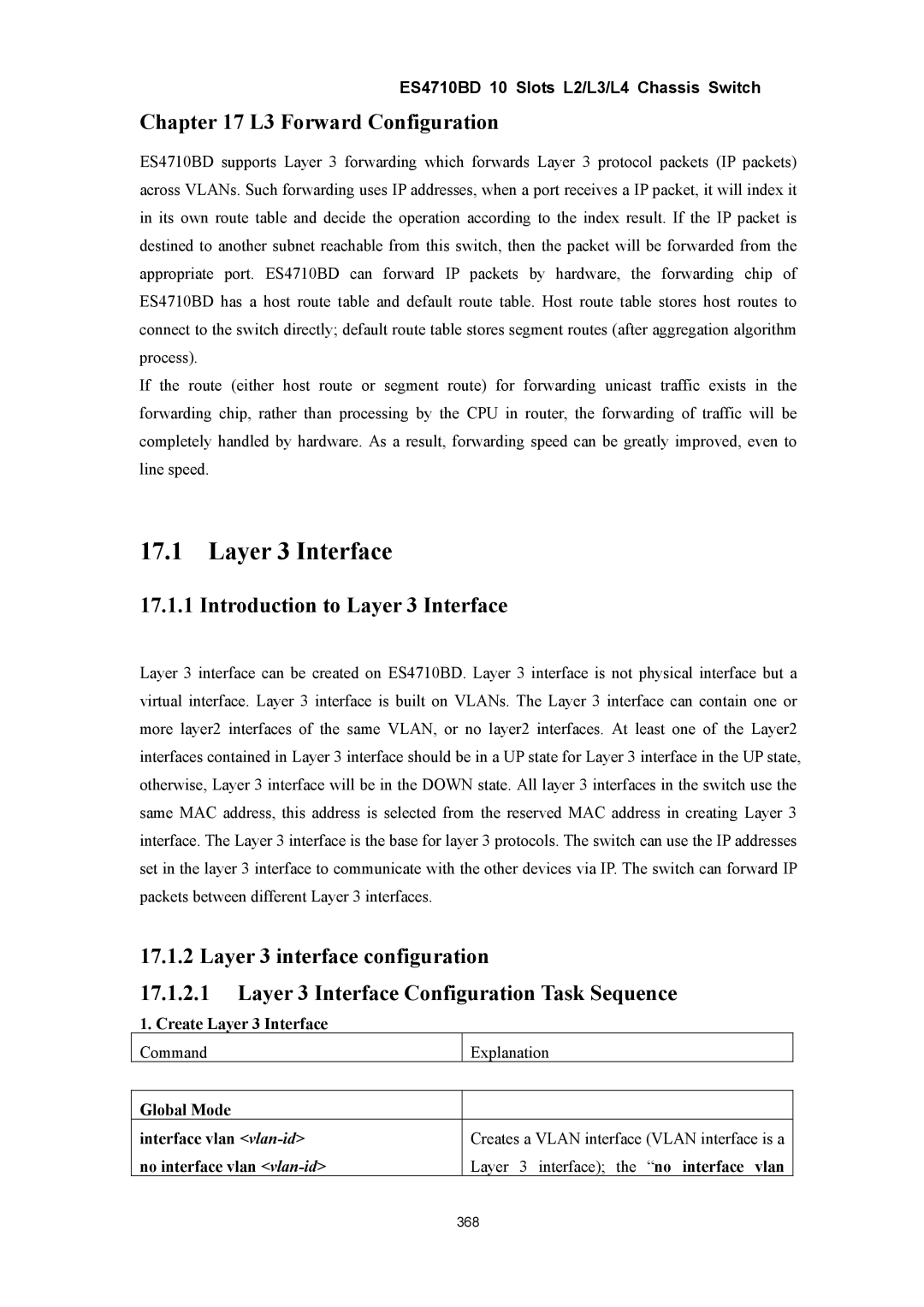 Accton Technology ES4710BD manual L3 Forward Configuration, Introduction to Layer 3 Interface, Create Layer 3 Interface 