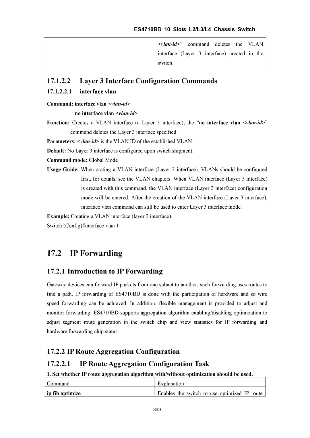 Accton Technology ES4710BD Layer 3 Interface Configuration Commands, Introduction to IP Forwarding, Ip fib optimize 