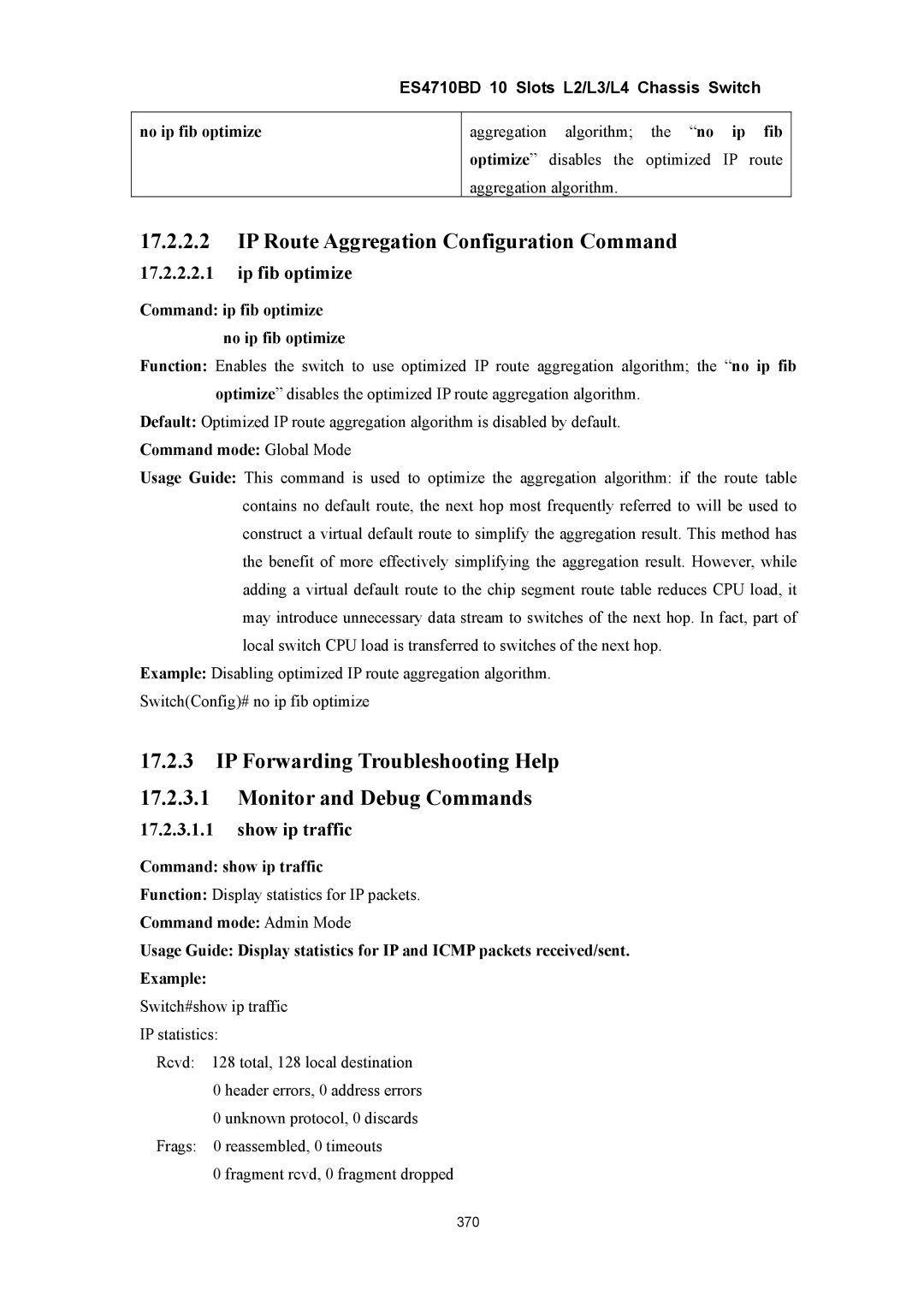 Accton Technology ES4710BD manual IP Route Aggregation Configuration Command, Ip fib optimize, Show ip traffic 