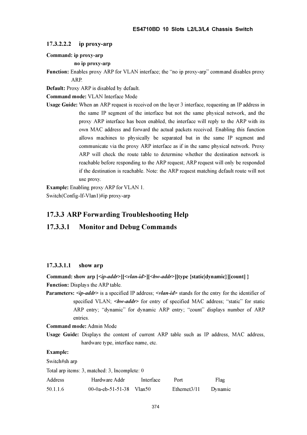 Accton Technology ES4710BD manual Ip proxy-arp, Show arp, Command ip proxy-arp no ip proxy-arp 