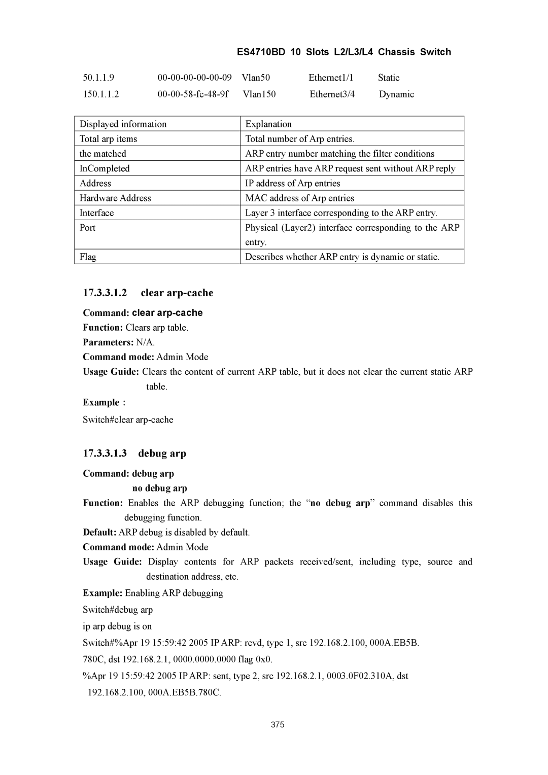 Accton Technology ES4710BD manual Clear arp-cache, Debug arp, Example：, Command debug arp no debug arp 