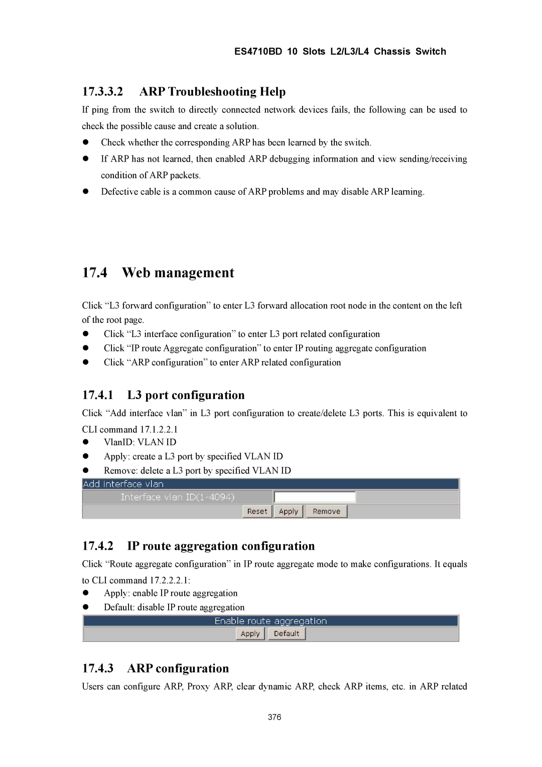 Accton Technology ES4710BD ARP Troubleshooting Help, 17.4.1 L3 port configuration, IP route aggregation configuration 