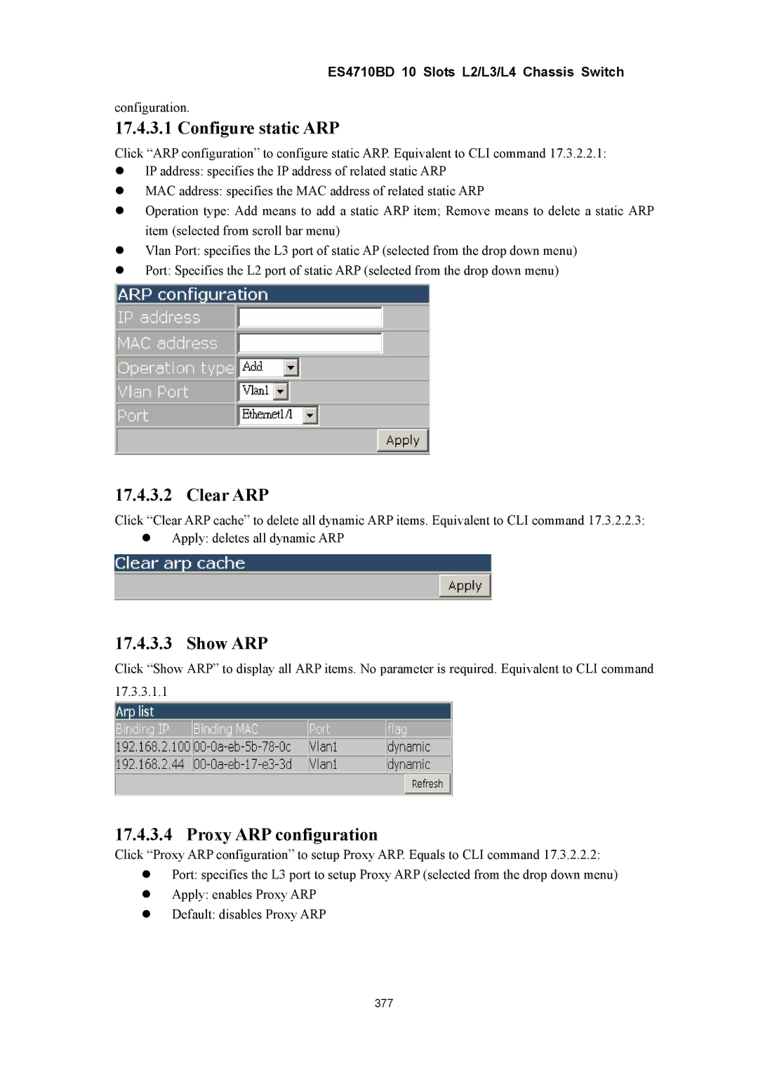 Accton Technology ES4710BD manual Configure static ARP, Clear ARP, Show ARP, Proxy ARP configuration 