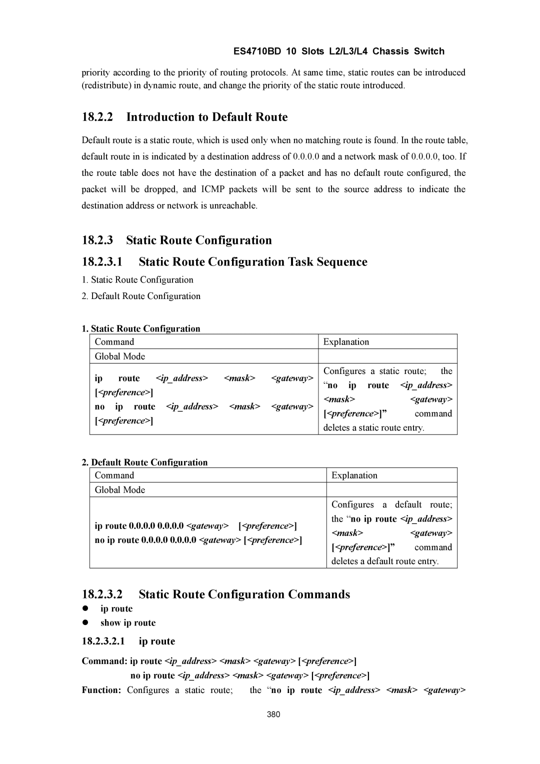 Accton Technology ES4710BD manual Introduction to Default Route, Static Route Configuration Commands, Ip route 