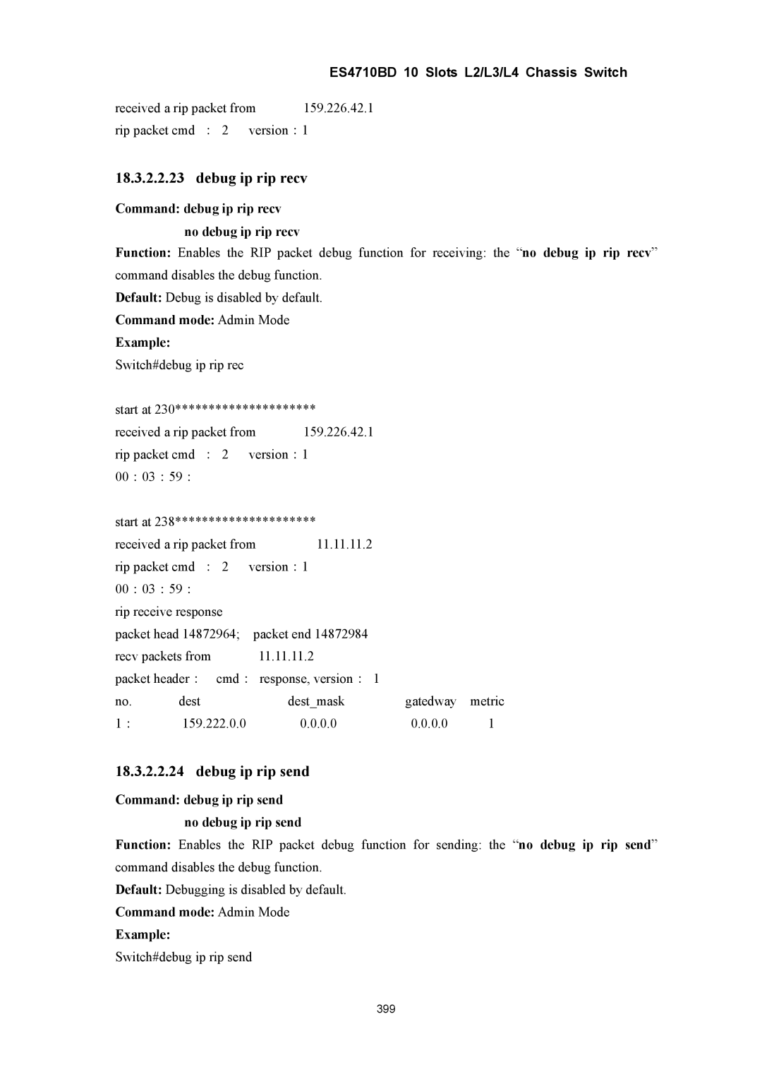 Accton Technology ES4710BD manual Debug ip rip recv, Debug ip rip send, Command debug ip rip recv no debug ip rip recv 