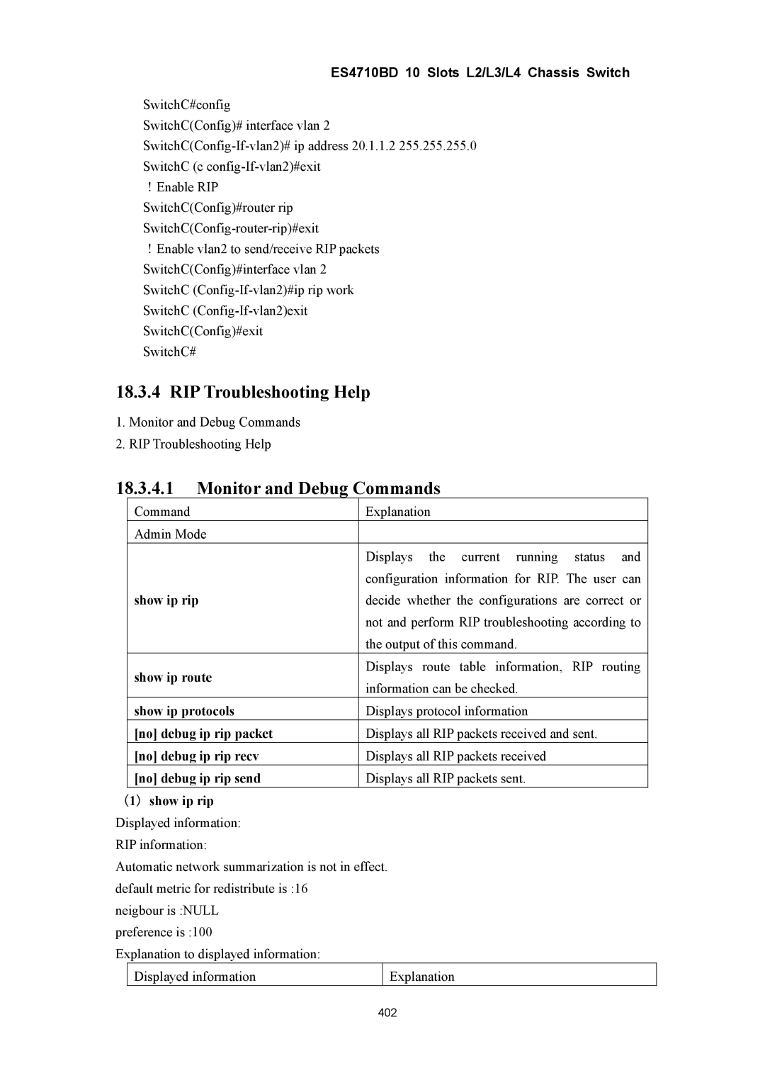 Accton Technology ES4710BD manual RIP Troubleshooting Help, Show ip rip, No debug ip rip packet, No debug ip rip recv 