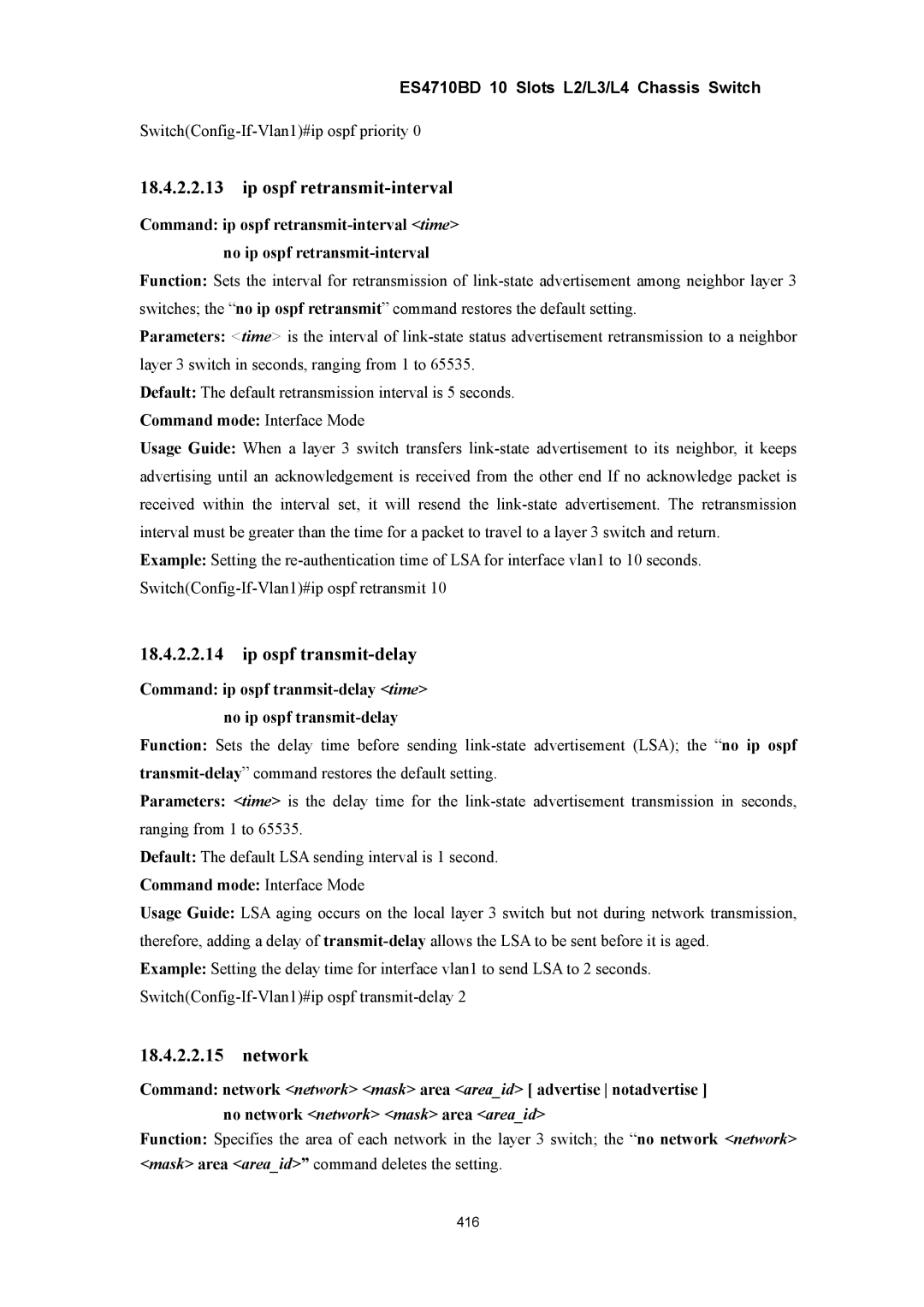 Accton Technology ES4710BD manual Ip ospf retransmit-interval, Ip ospf transmit-delay, Network 