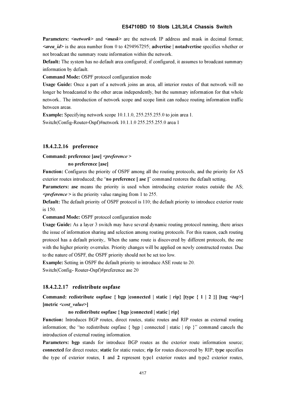 Accton Technology ES4710BD manual Preference, Redistribute ospfase, Command preference ase preference no preference ase 