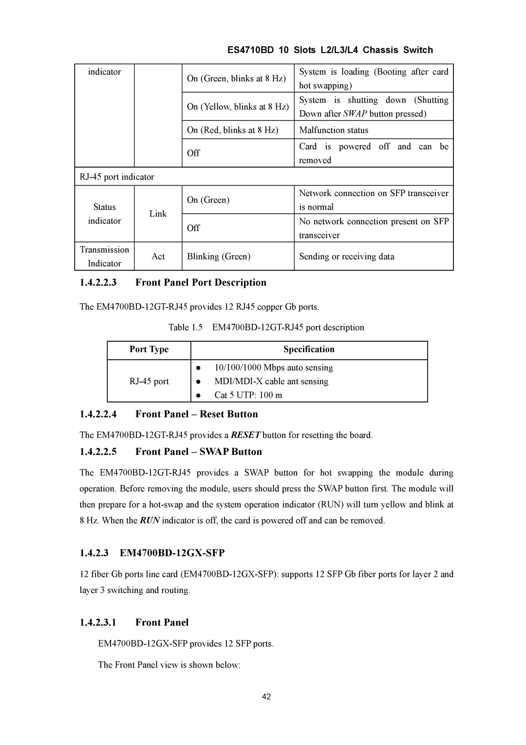 Accton Technology ES4710BD manual Front Panel Port Description, 2.3 EM4700BD-12GX-SFP, Port Type Specification 